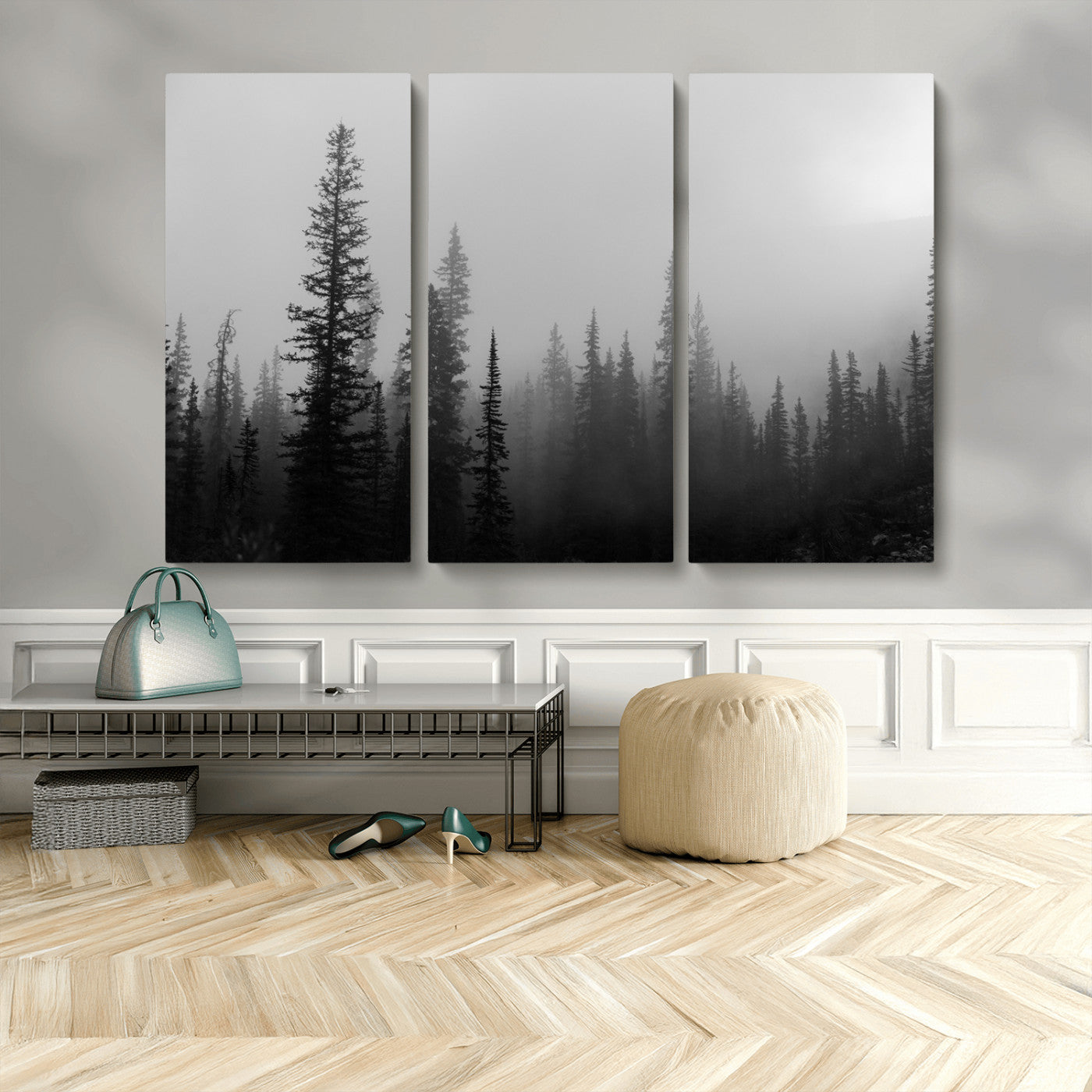 MGV-CV-48X32-3P - Misty Pines Wall Art Canvas Print, Framed Woodland Photography Art Picture Print, Minimalist Decor Perfect Rustic Decor Artwork
