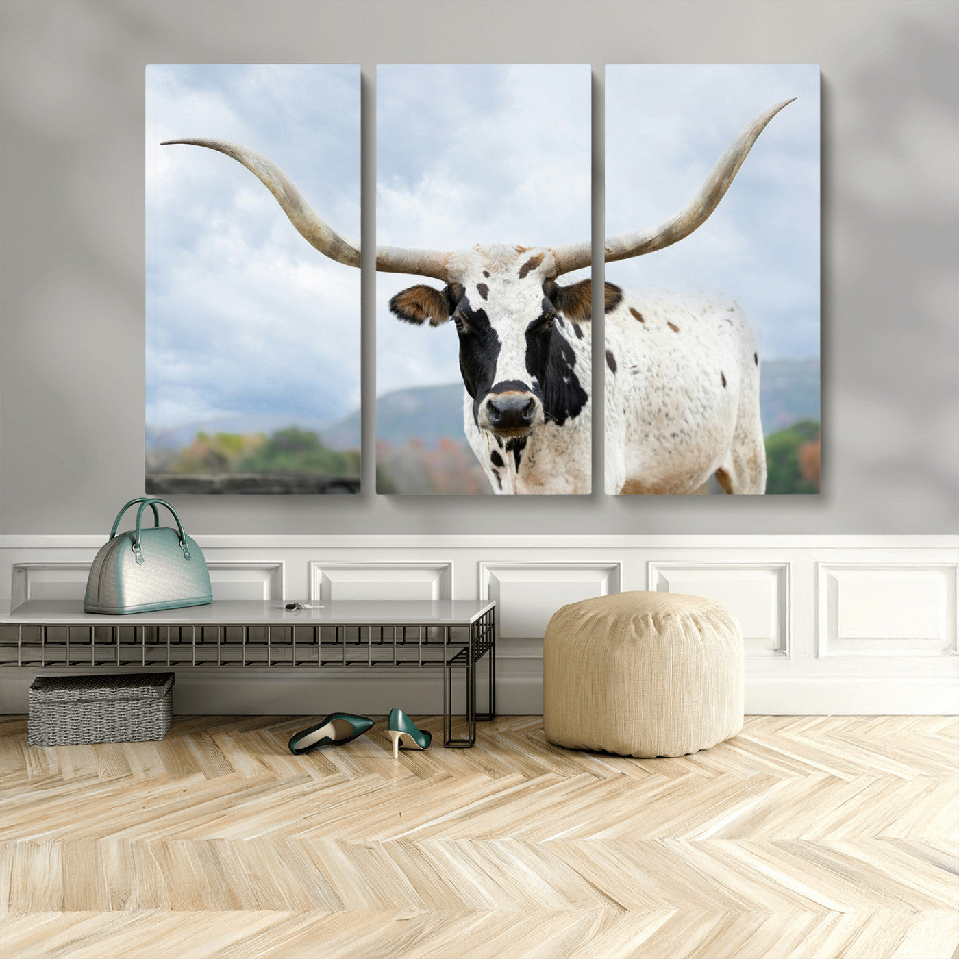 MGV-CV-48X32-3P - Texas Longhorn Wall Art Canvas Print, Framed Western Rustic Art Picture Print, Farmhouse Decor Perfect Farmhouse Decor Artwork