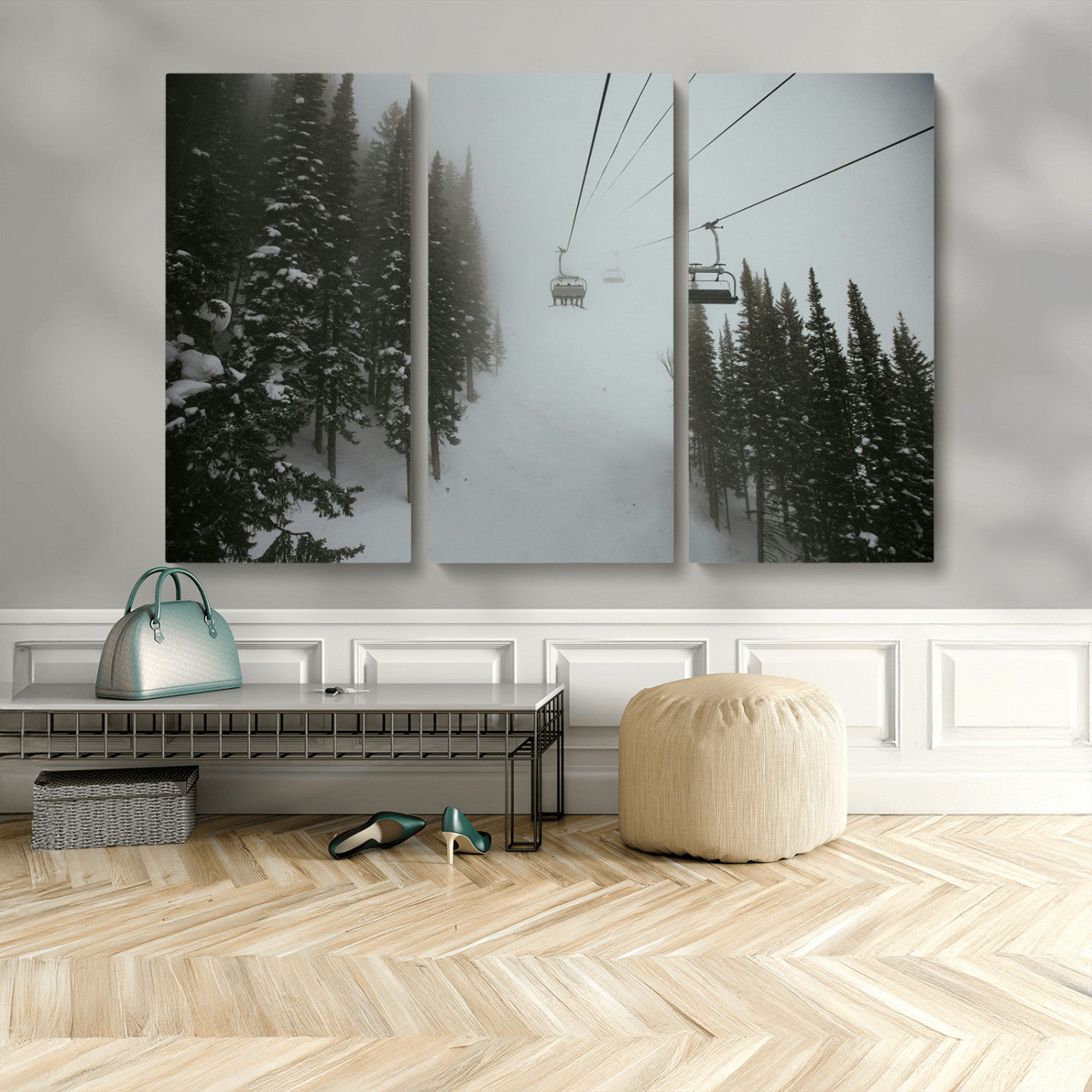 MGV-CV-48X32-3P - Ski Lift Wall Art Canvas Print, Framed Snowy Pines Art Picture Print, Misty Landscape Perfect Winter Serenity Decor Artwork