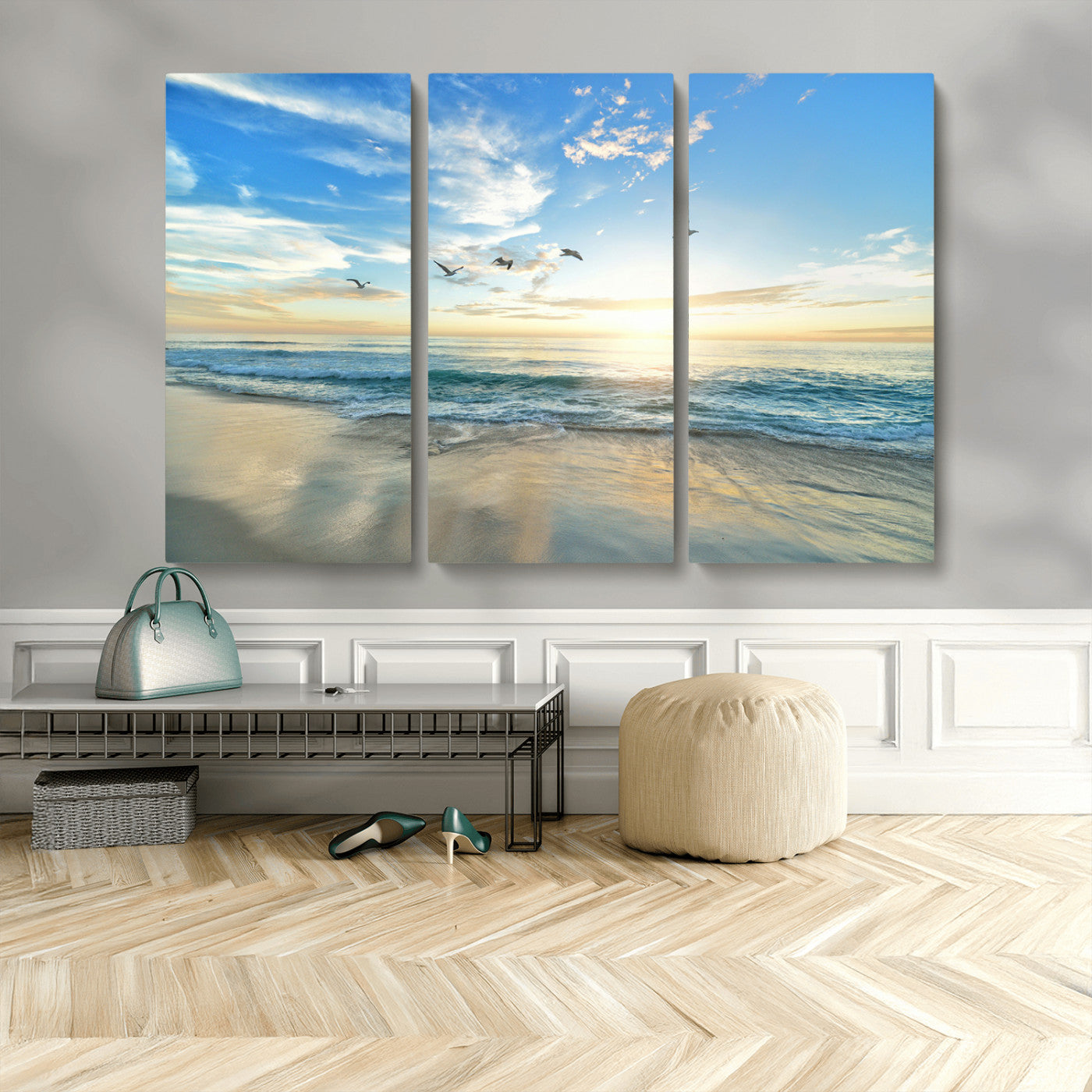 MGV-CV-48X32-3P - Minimalist Seaside Wall Art Canvas Print, Framed Morning Glow Art Picture Print, Golden Reflections Perfect Coastal Minimalist Decor Artwork