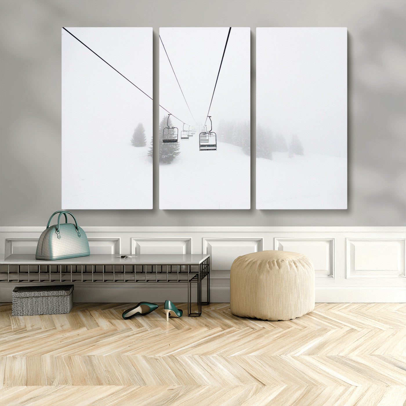 MGV-CV-48X32-3P - Ski Lift Wall Art Canvas Print, Framed Snowy Landscape Art Picture Print, Alpine Adventure Perfect Nordic Minimalist Decor Artwork