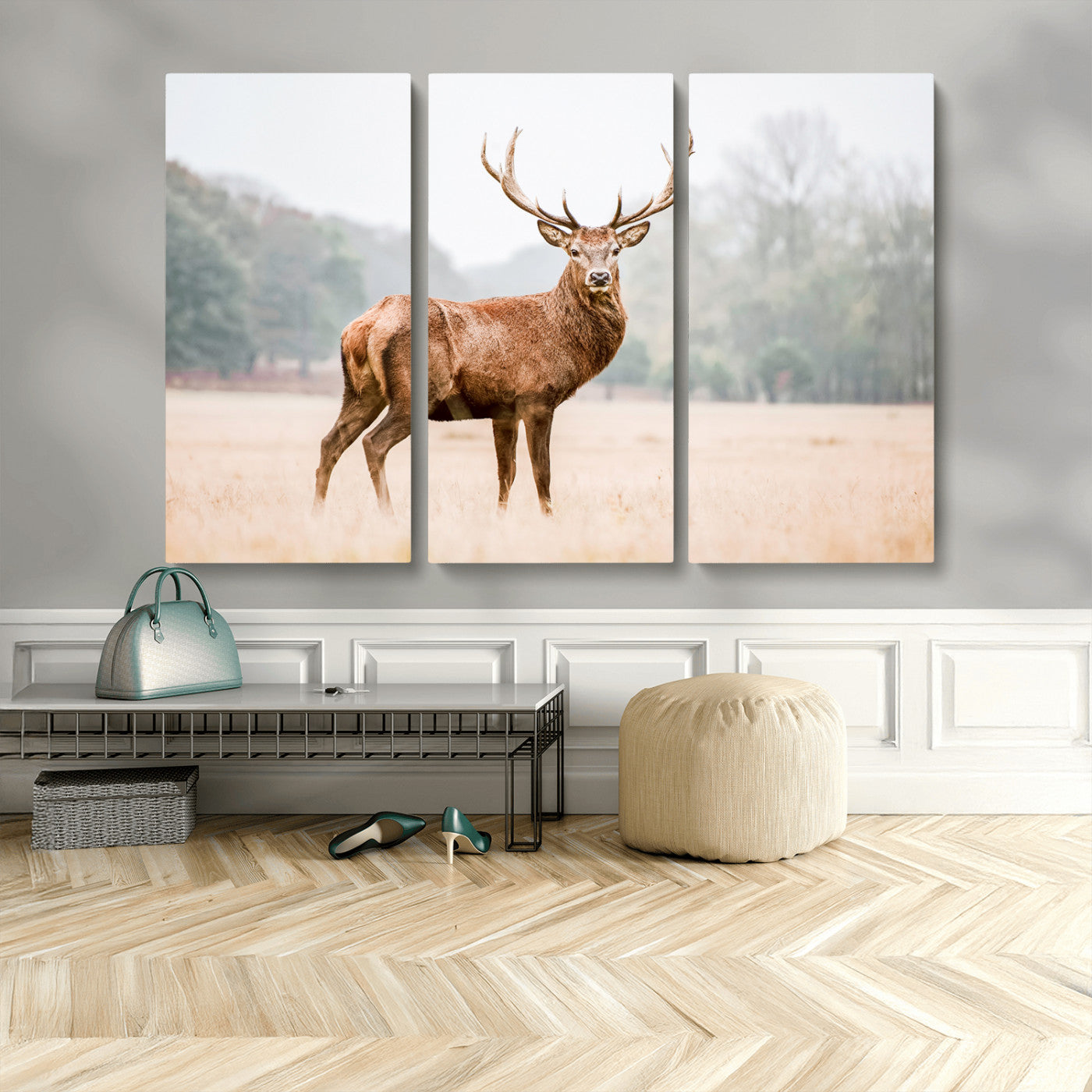 MGV-CV-48X32-3P - Vintage Wildlife Art Wall Art Canvas Print, Framed Misty Landscape Art Picture Print, Deer Wall Art Perfect Rustic Wildlife Decor Artwork