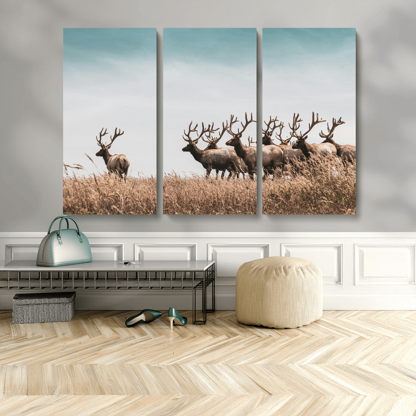 MGV-CV-48X32-3P - Elk Herd Wall Art Canvas Print, Framed Wildlife Photography Art Picture Print, Rustic Nature Print Perfect Rustic Wildlife Decor Artwork