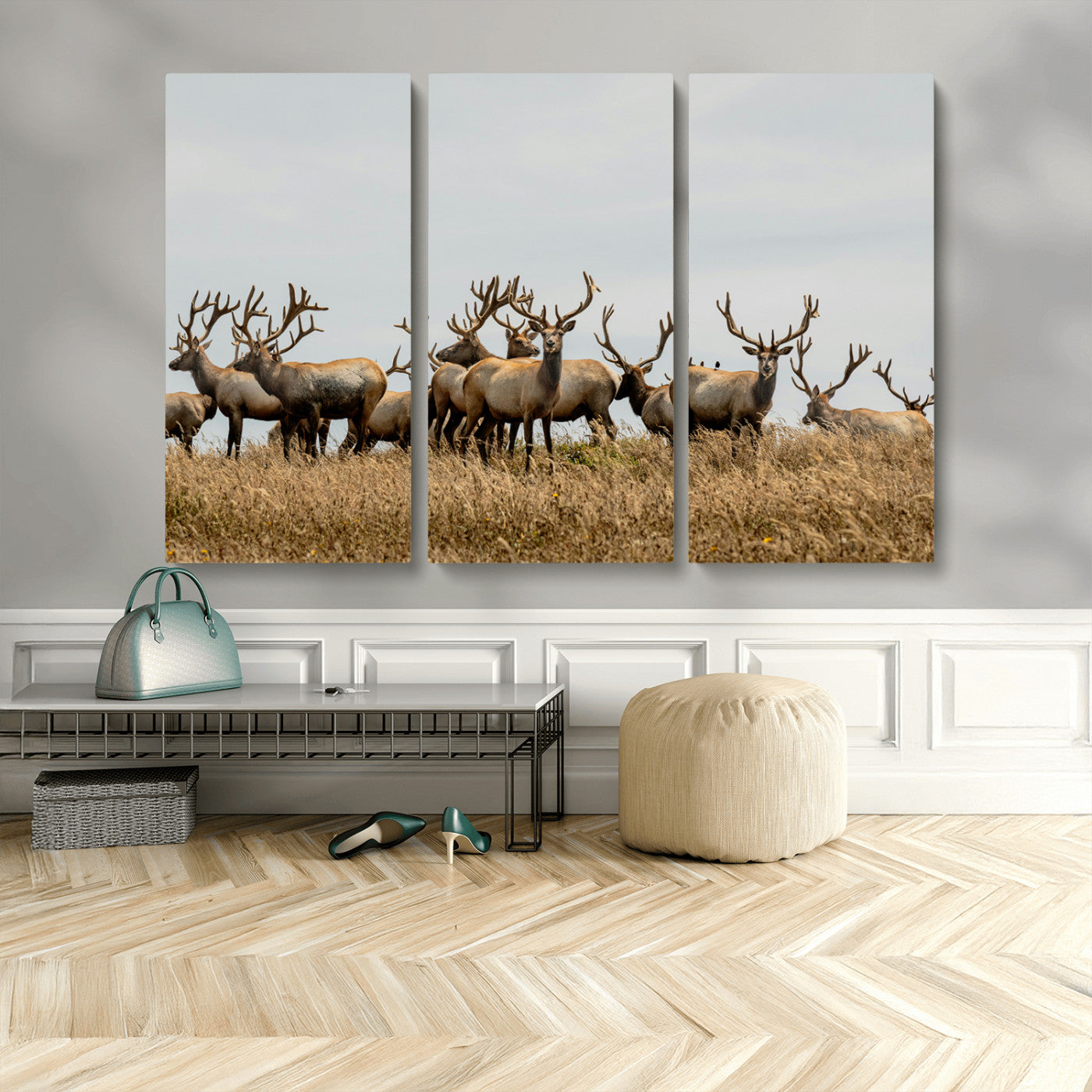 MGV-CV-48X32-3P - Elk Herd Wall Art Canvas Print, Framed Wildlife Photography Art Picture Print, Majestic Antlers Perfect Rustic Wildlife Decor Artwork