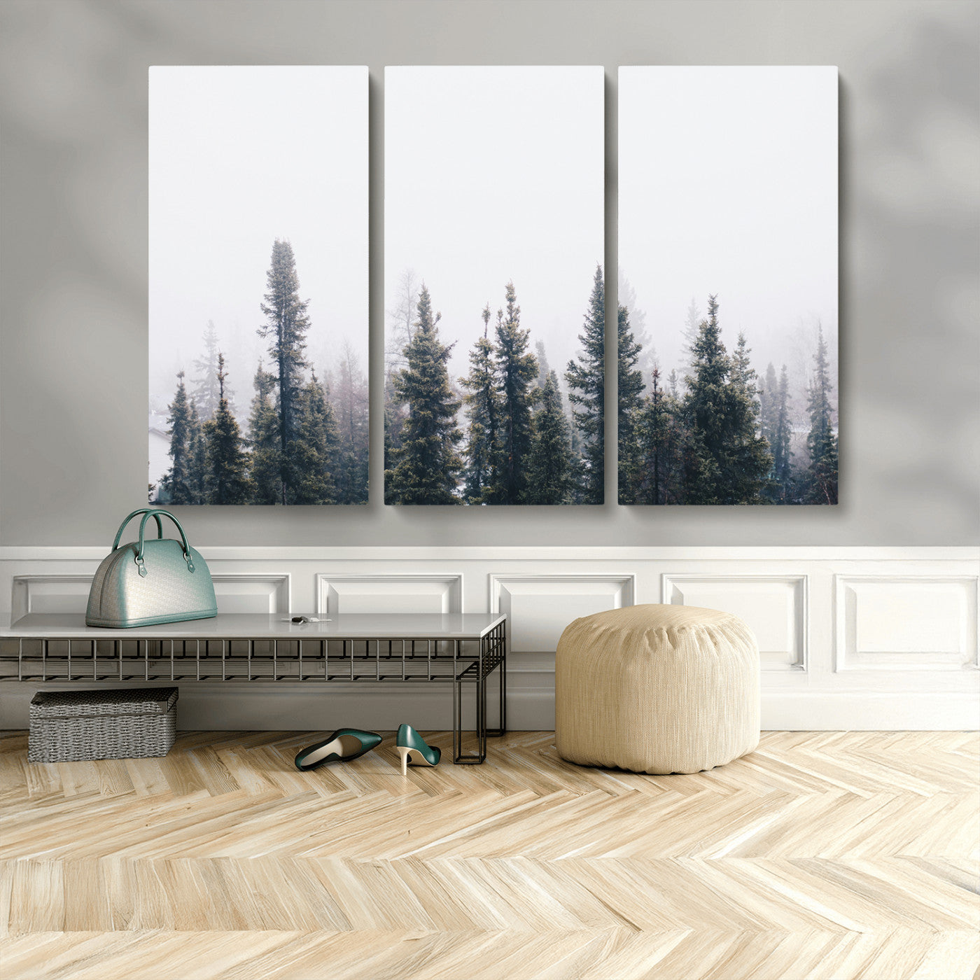 MGV-CV-48X32-3P - Foggy Forest Wall Art Canvas Print, Framed Misty Pines Art Picture Print, Moody Woodland Perfect Scandinavian Minimalist Decor Artwork