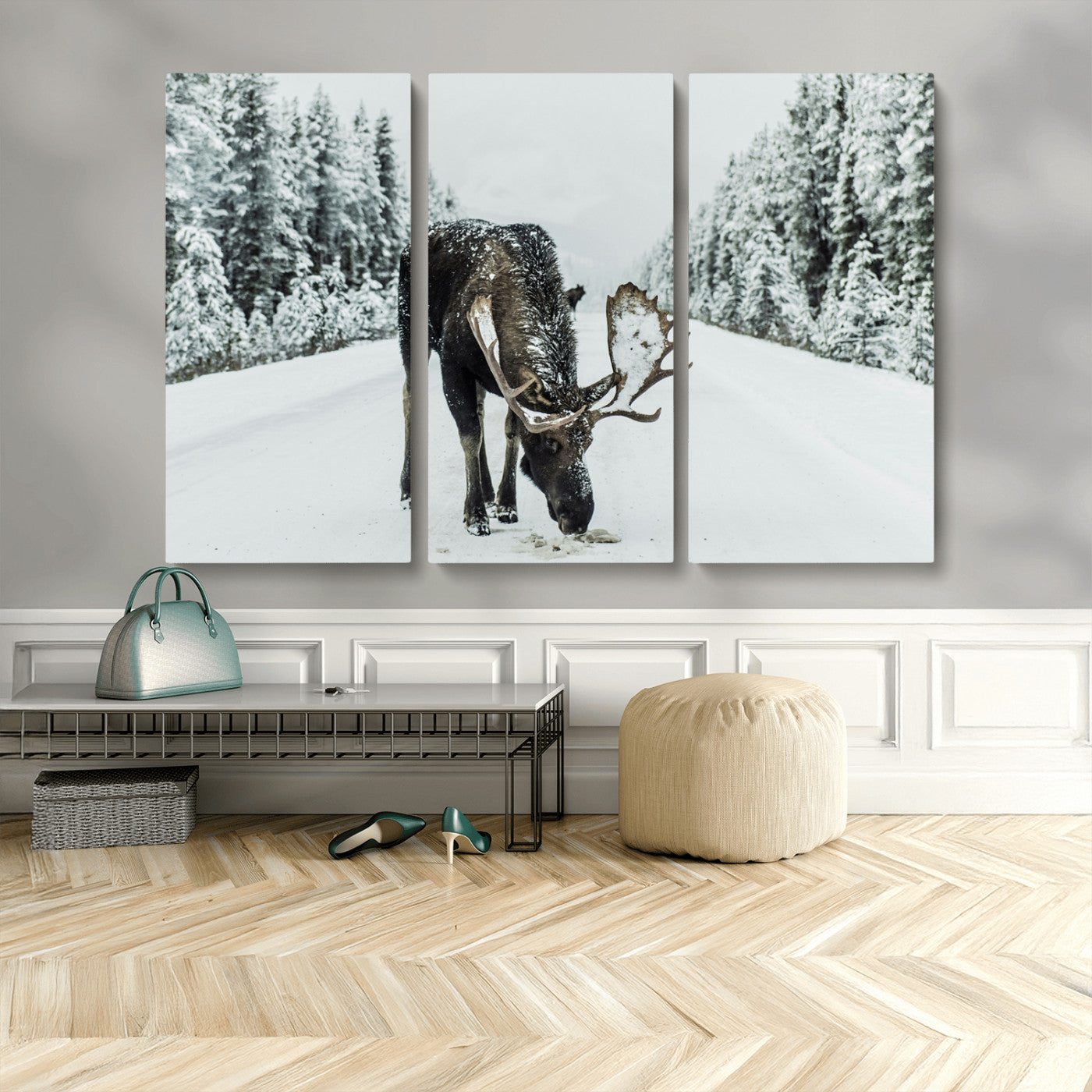 MGV-CV-48X32-3P - Moose in Snow Wall Art Canvas Print, Framed Winter Wildlife Art Picture Print, Snowy Forest Scene Perfect Rustic Lodge Decor Artwork