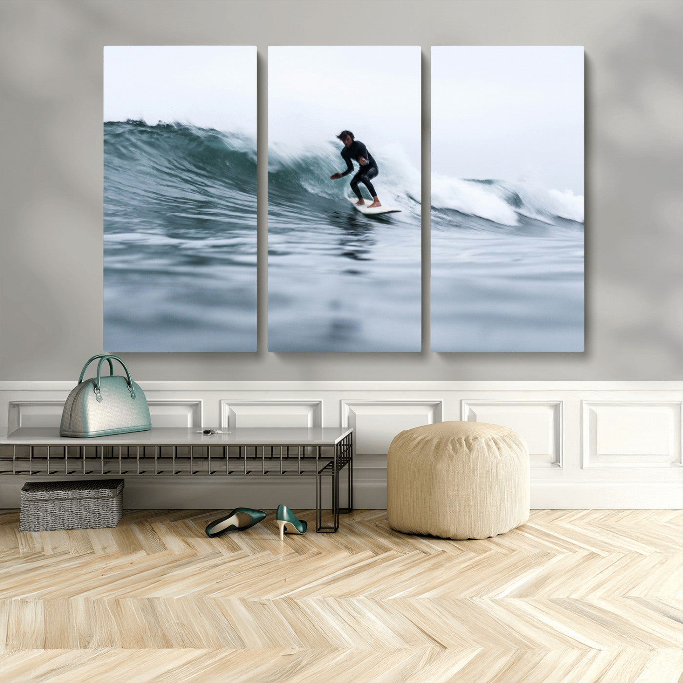MGV-CV-48X32-3P - Surfer on Wave Wall Art Canvas Print, Framed Ocean Adventure Art Picture Print, Motion Blur Water Perfect Coastal Adventure Decor Artwork