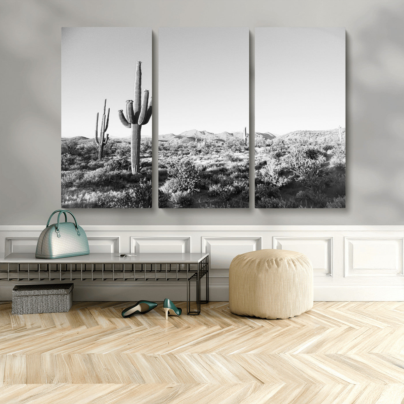 MGV-CV-48X32-3P - Saguaro Cactus Wall Art Canvas Print, Framed Monochrome Landscape Art Picture Print, Scenic Arizona View Perfect Minimalist Western Decor Artwork