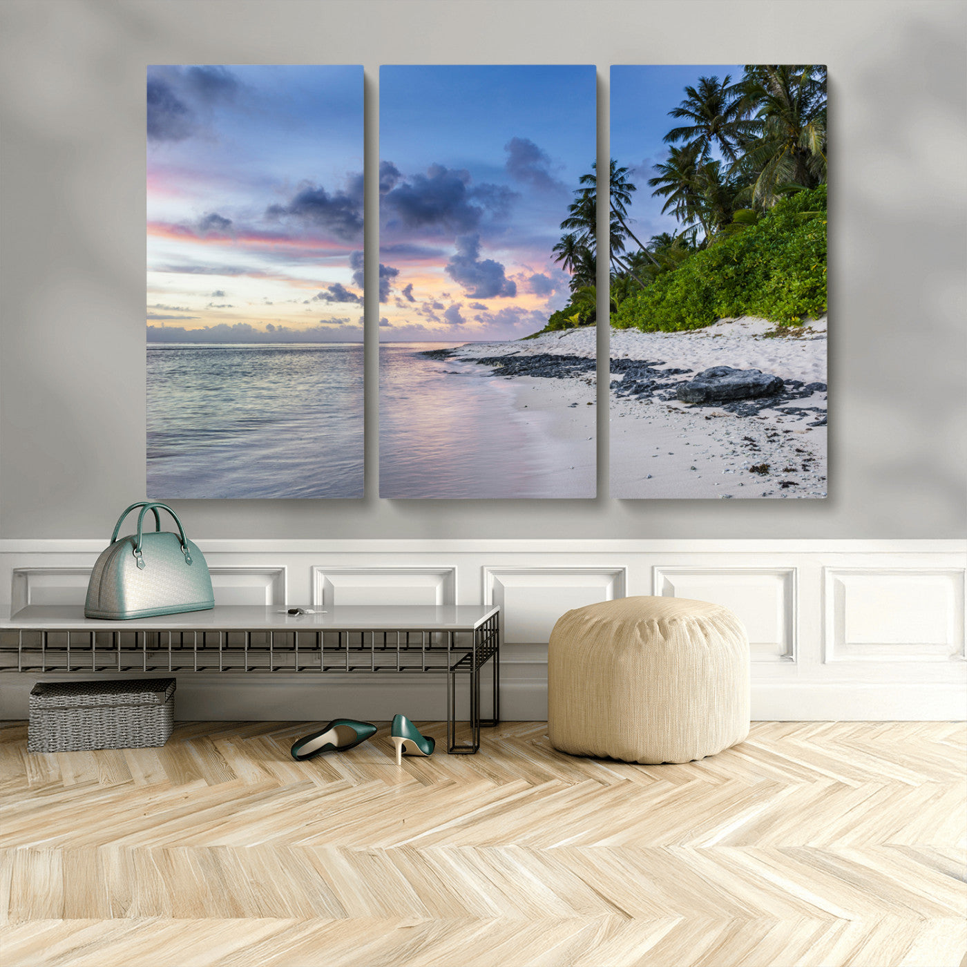 MGV-CV-48X32-3P - Tropical Beach Wall Art Canvas Print, Framed Sunset Glow Art Picture Print, Palm Tree Coast Perfect Tropical Coastal Decor Artwork