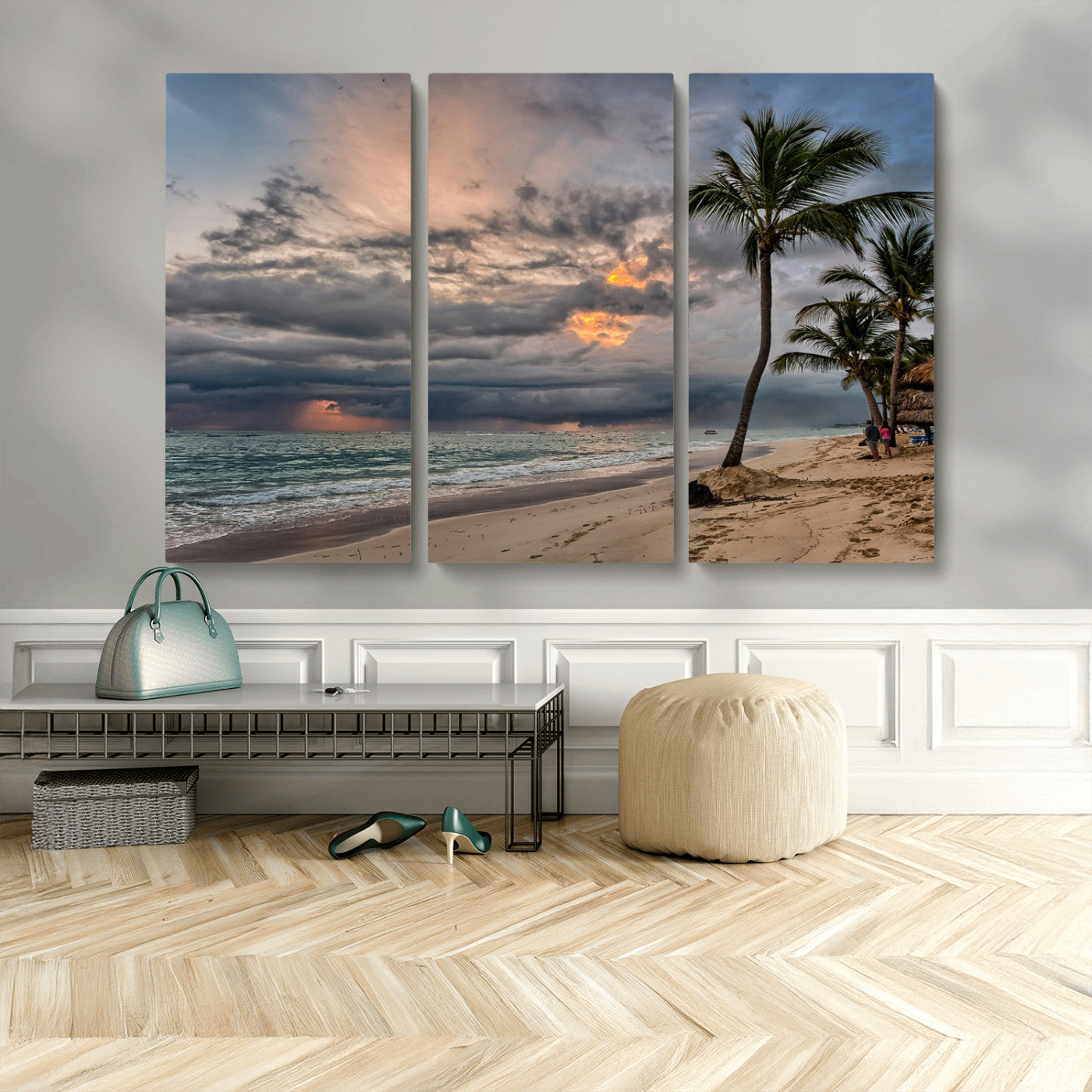 MGV-CV-48X32-3P - Tropical Storm Wall Art Canvas Print, Framed Moody Beach Art Picture Print, Dramatic Sky Perfect Tropical Coastal Decor Artwork