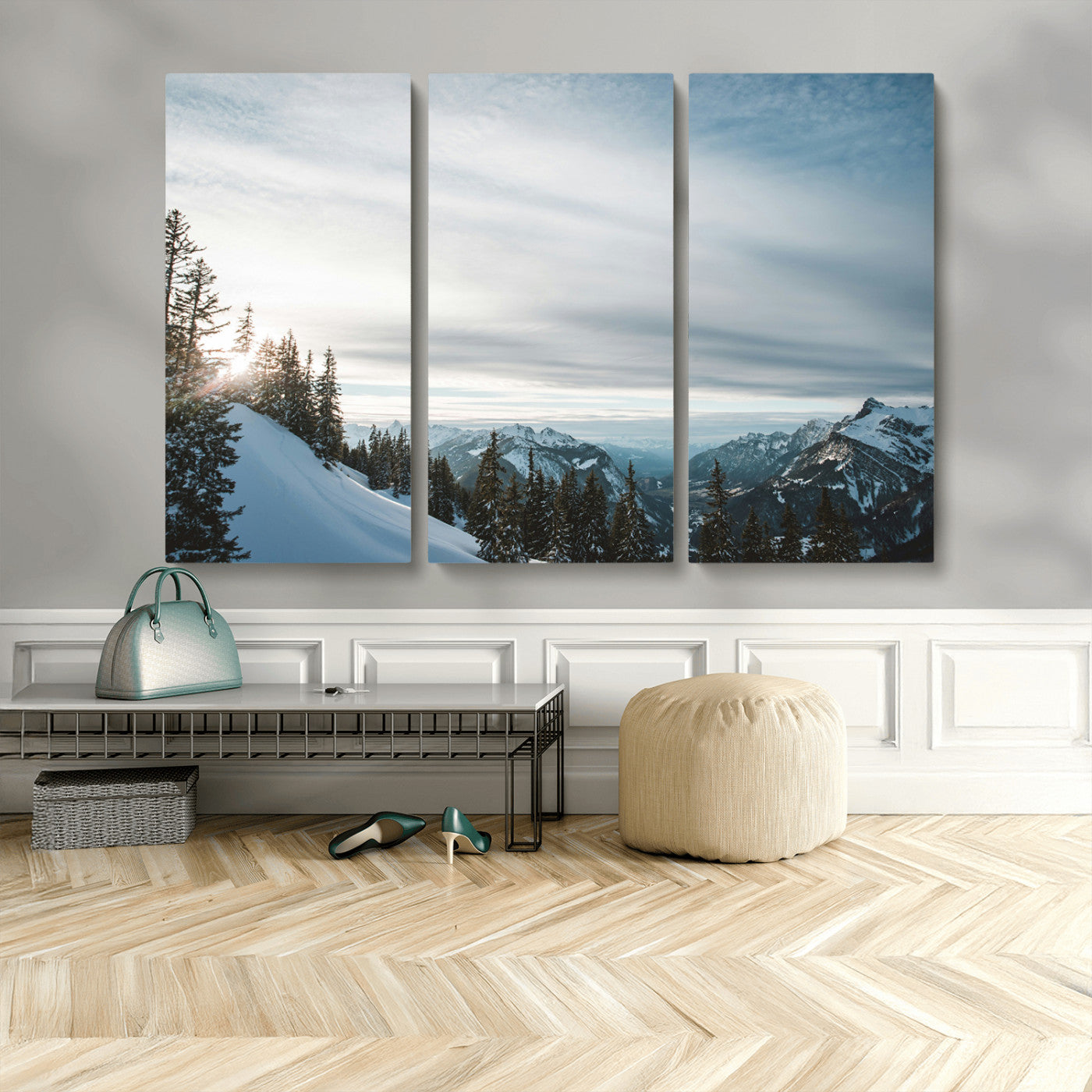 MGV-CV-48X32-3P - Snowy Mountains Wall Art Canvas Print, Framed Alpine Landscape Art Picture Print, Frosty Peaks Perfect Nordic Minimalist Decor Artwork