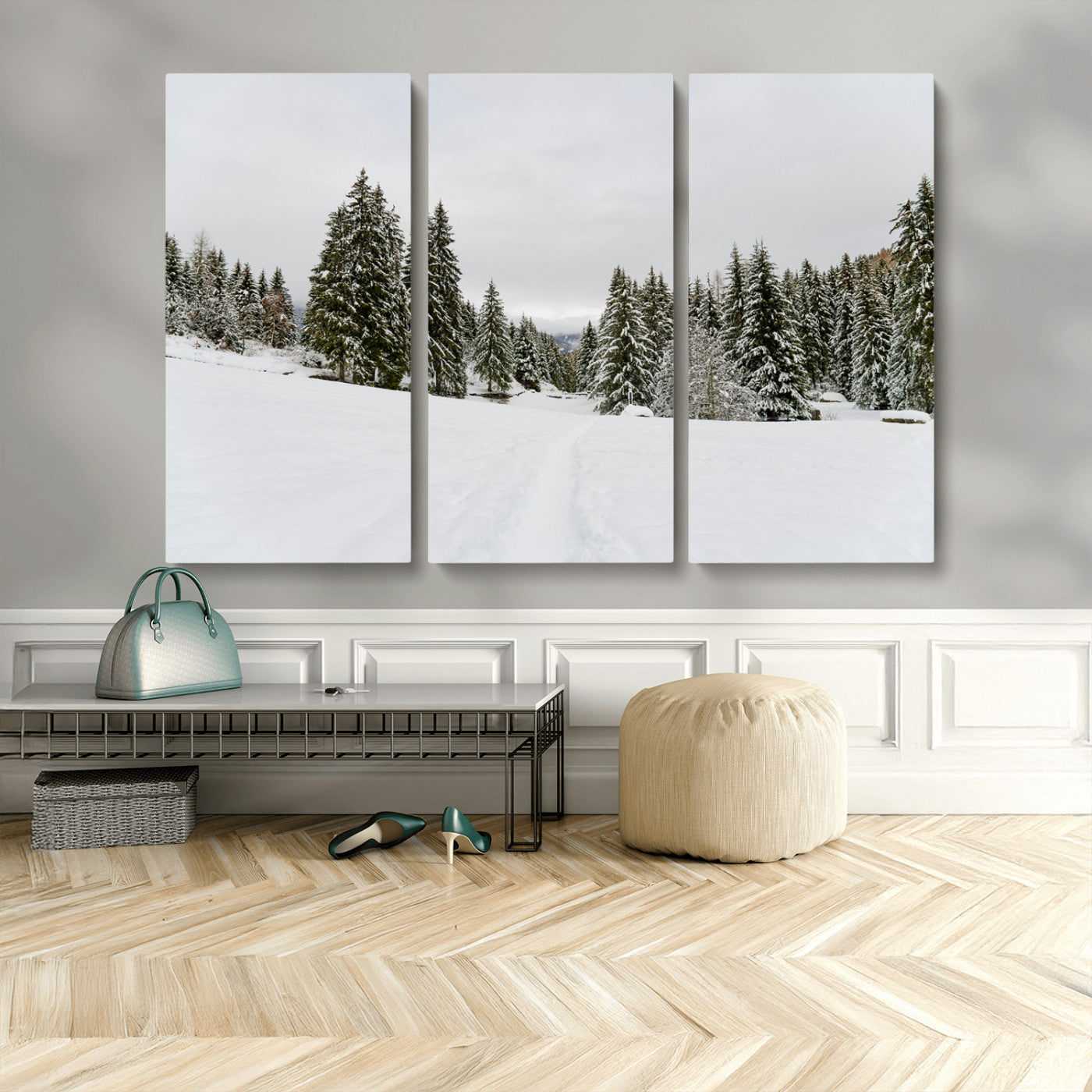 MGV-CV-48X32-3P - Frosty Pines Wall Art Canvas Print, Framed Silent Snowfall Art Picture Print, Cozy Cabin Vibes Perfect Nordic Minimalist Decor Artwork