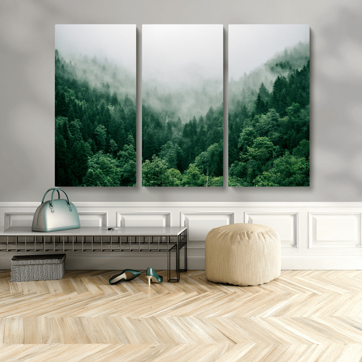MGV-CV-48X32-3P - Misty Green Forest Canvas Print – Serene Foggy Pine Landscape Wall Art, Tranquil Nature Decor for