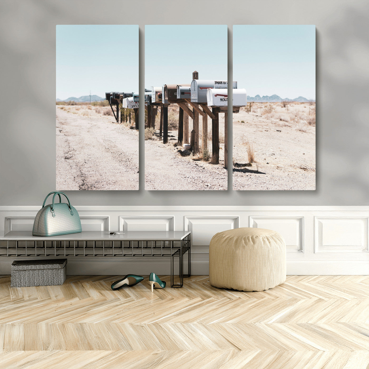 MGV-CV-48X32-3P - Desert Mailboxes Canvas Print – Minimal Western Landscape Photography, Rustic Americana Wall Art for
