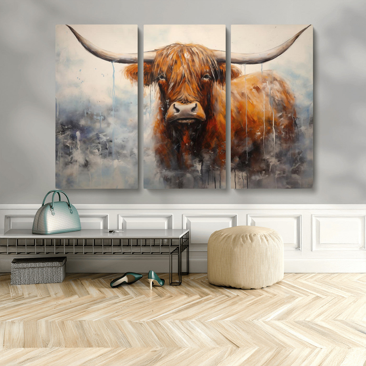MGV-CV-48X32-3P - Scottish Highland Wall Art Canvas Print, Framed Longhorn Art Picture Print, Western Cow Perfect Farmhouse Decor Artwork