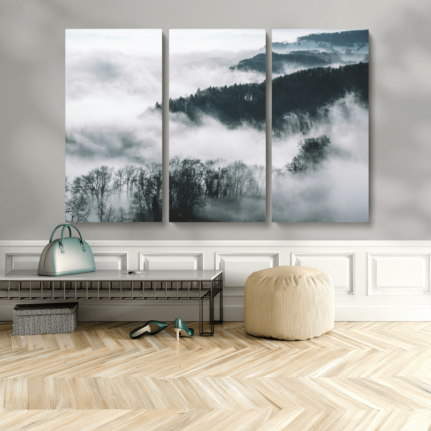 67569654-MGV-CV-36X24-Foggy Forest Landscape Wall Art Canvas Print – Misty Mountain Valley Scene in Monochrome Tones, Perfect for Minimalist or Nordic Home Decor