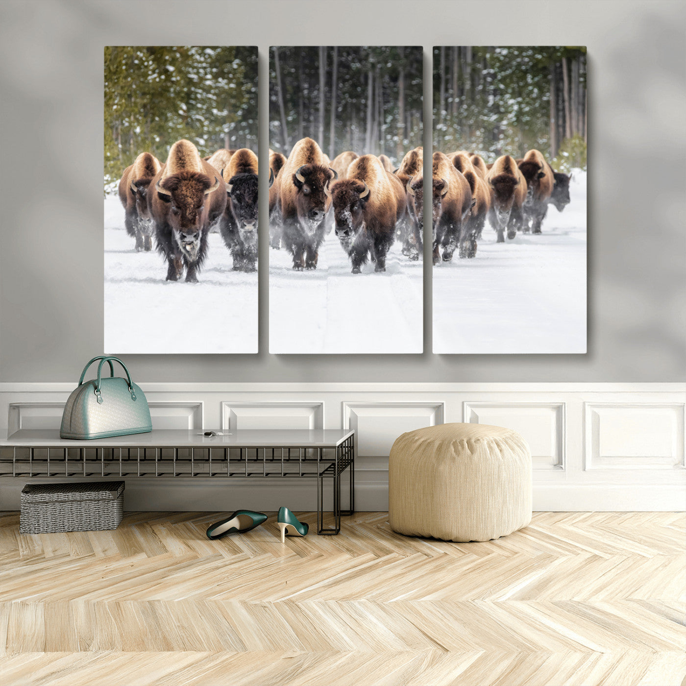 96906195-MGV-CV-48X32-3P - American Bison Herd Snow Canvas Wall Art – Powerful Winter Wildlife Print of Buffalo Motion, Rustic Lodge or Western Cabin Decor for Living Room, Office