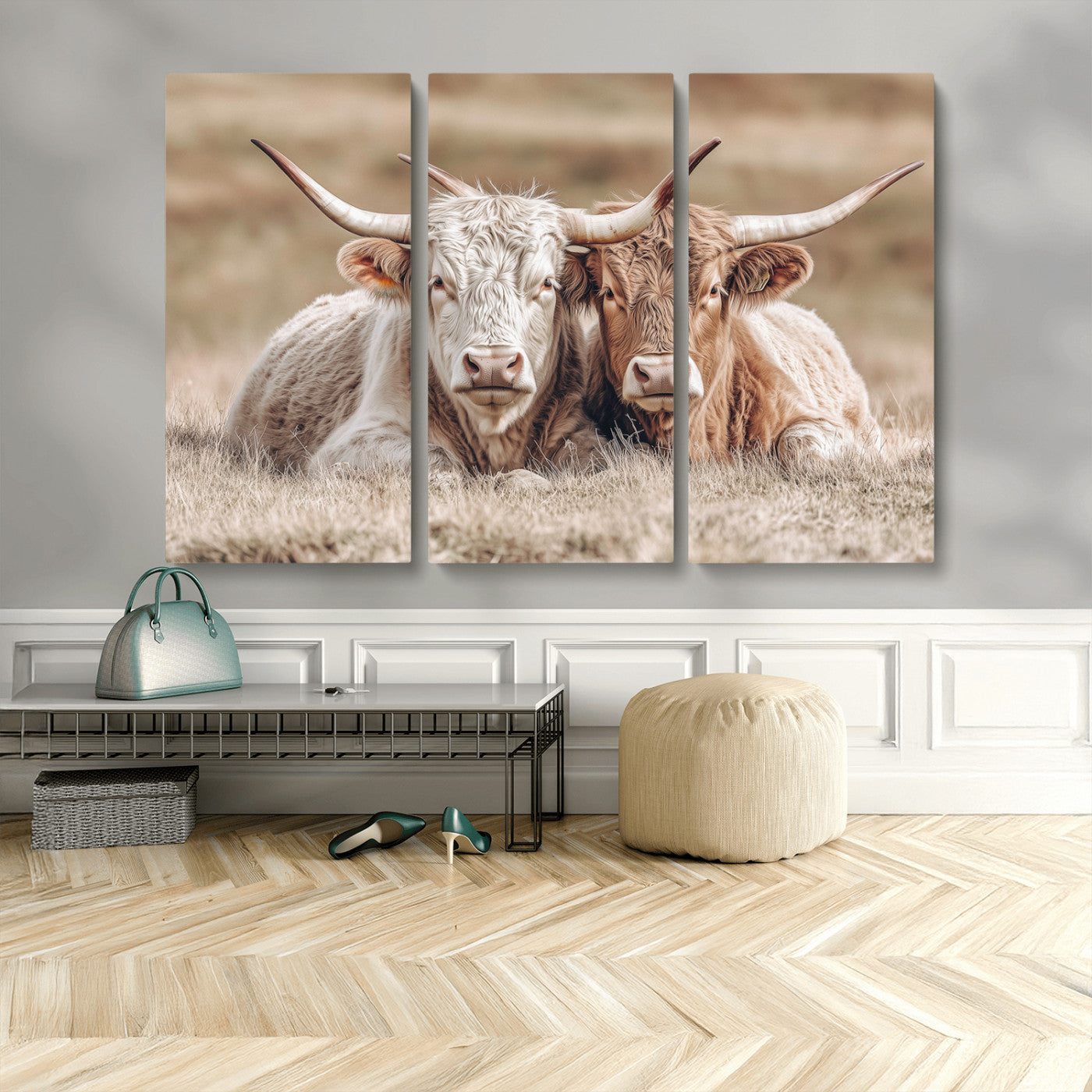 38651722-MGV-CV-36X24 - Highland Cows Meadow Canvas Wall Art – Peaceful Cow Photography Print, Rustic Farmhouse Animal Decor for Country Home, Living Room, Office