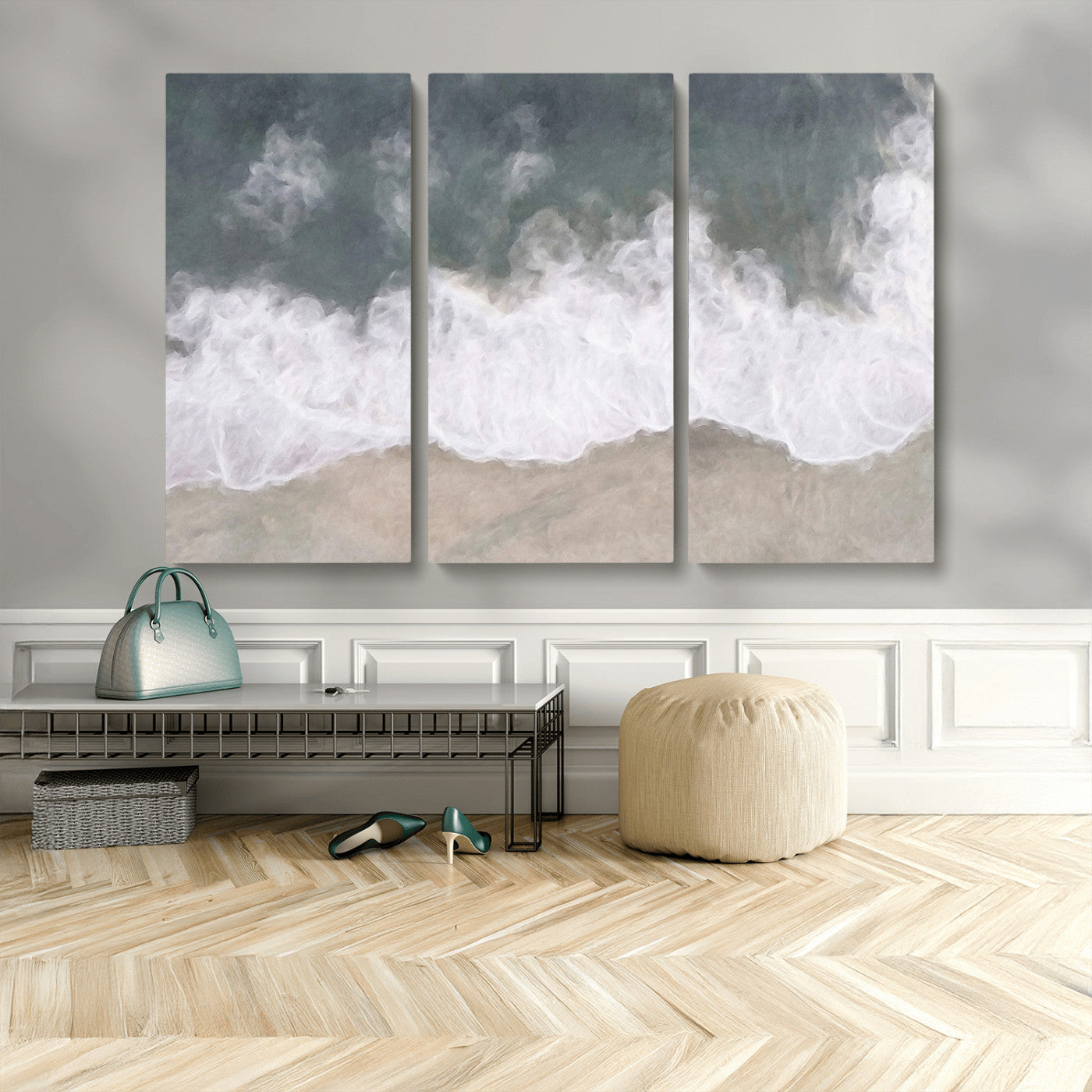 Wall art canvas print featuring foamy ocean waves softly rolling onto a sandy shore with a dreamy, painterly texture.