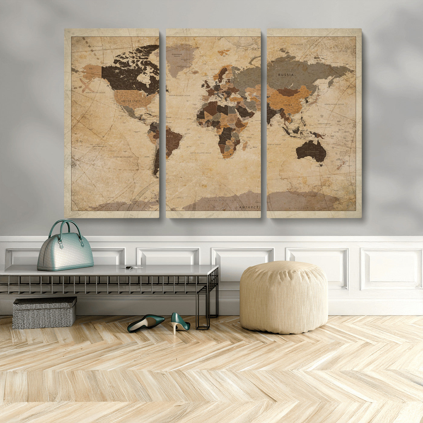 Vintage-style world map with muted brown, beige, and sepia tones, showing countries and continents with a weathered paper texture background.