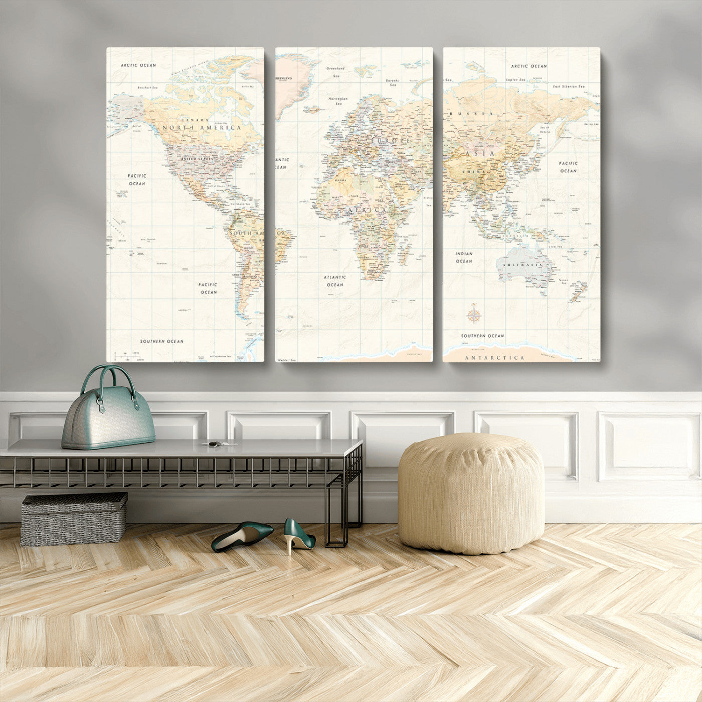 An antique-style world map showing continents, countries, and oceans with soft beige tones, detailed borders, and classic typography, enhanced by a subtle grid overlay and a vintage compass rose.