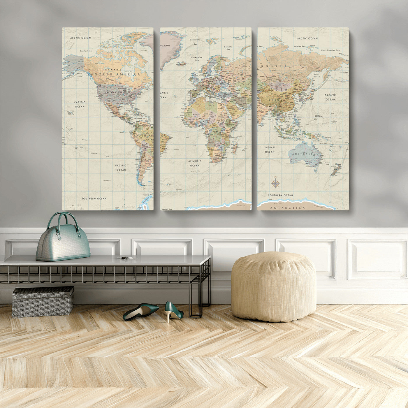 A detailed vintage-style political world map displaying continents, countries, and oceans with clear borders and labels, set on a beige textured background with grid lines.