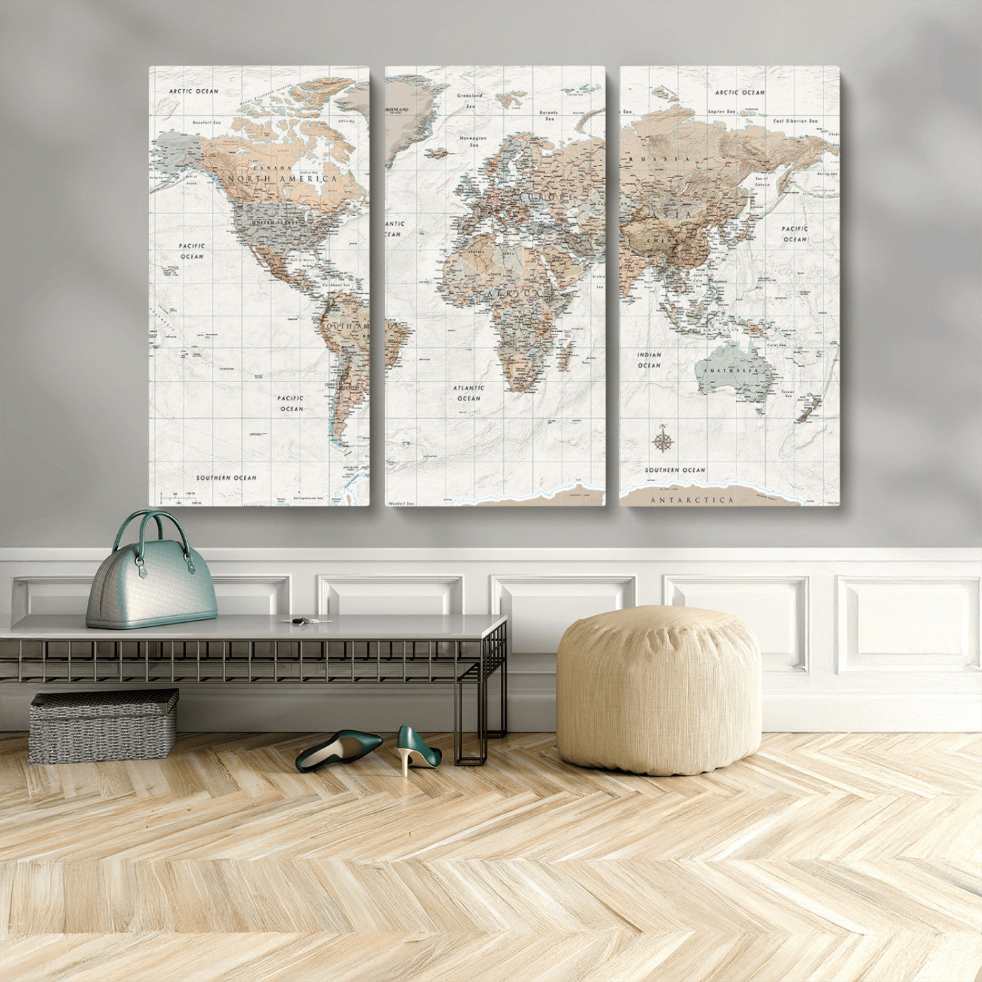 Vintage world map with detailed country borders and labels, featuring soft earthy tones of beige, brown, and gray on a textured parchment background, including oceans, continents, and major cities.