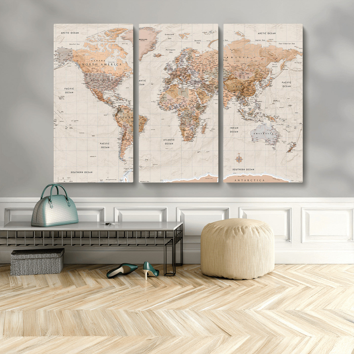 Detailed vintage world map with warm earth tones showing country borders, oceans, continents, and major cities, styled with a textured parchment background.