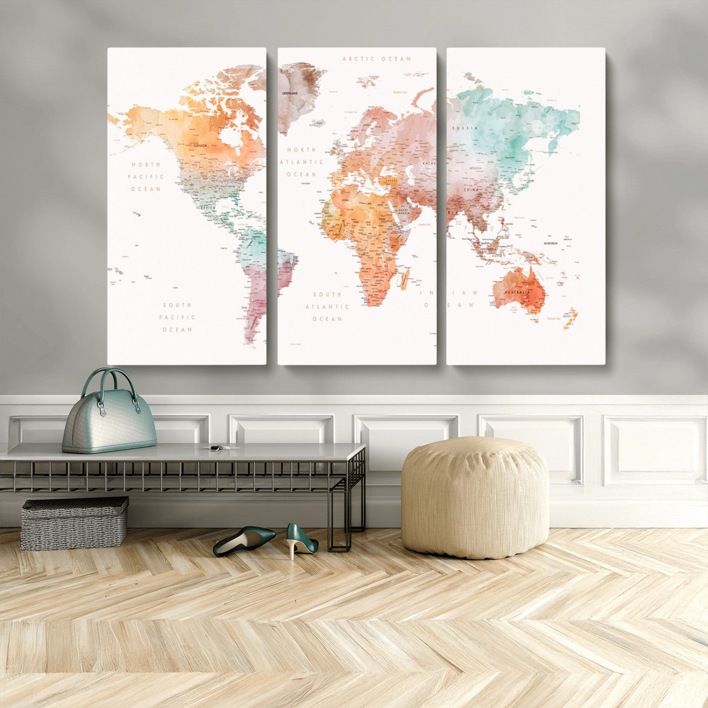 Watercolor world map featuring soft pastel hues in orange, green, blue, and purple on a light background, printed on canvas for vibrant and artistic wall decor.