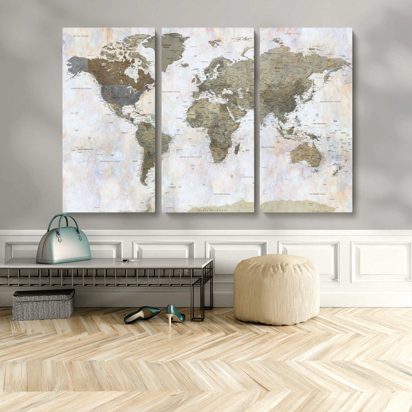World map printed on a textured canvas with soft muted earth tones and a weathered background, showing detailed countries and continents, perfect for vintage-style wall art.