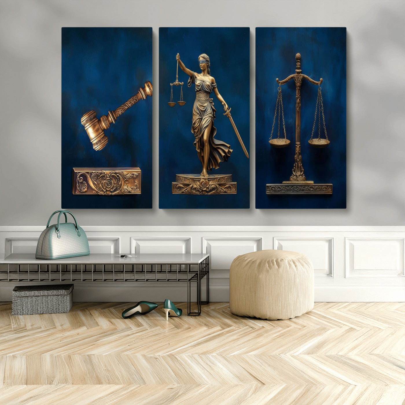 MGV-CV-48X32-3P - Lady Justice Wall Art Canvas Print – Elegant Gold Legal Symbols on Blue Background, Perfect for Law