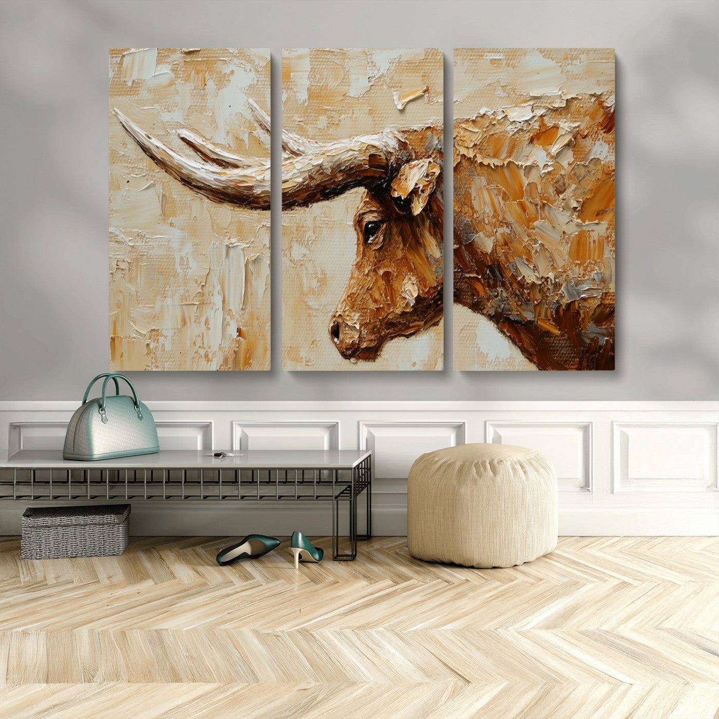 Rustic Longhorn Bull Wall Art Canvas Print – Vintage Western Cattle Painting, Texas Steer Artwork for Ranch, Farmhouse or Cowboy Decor