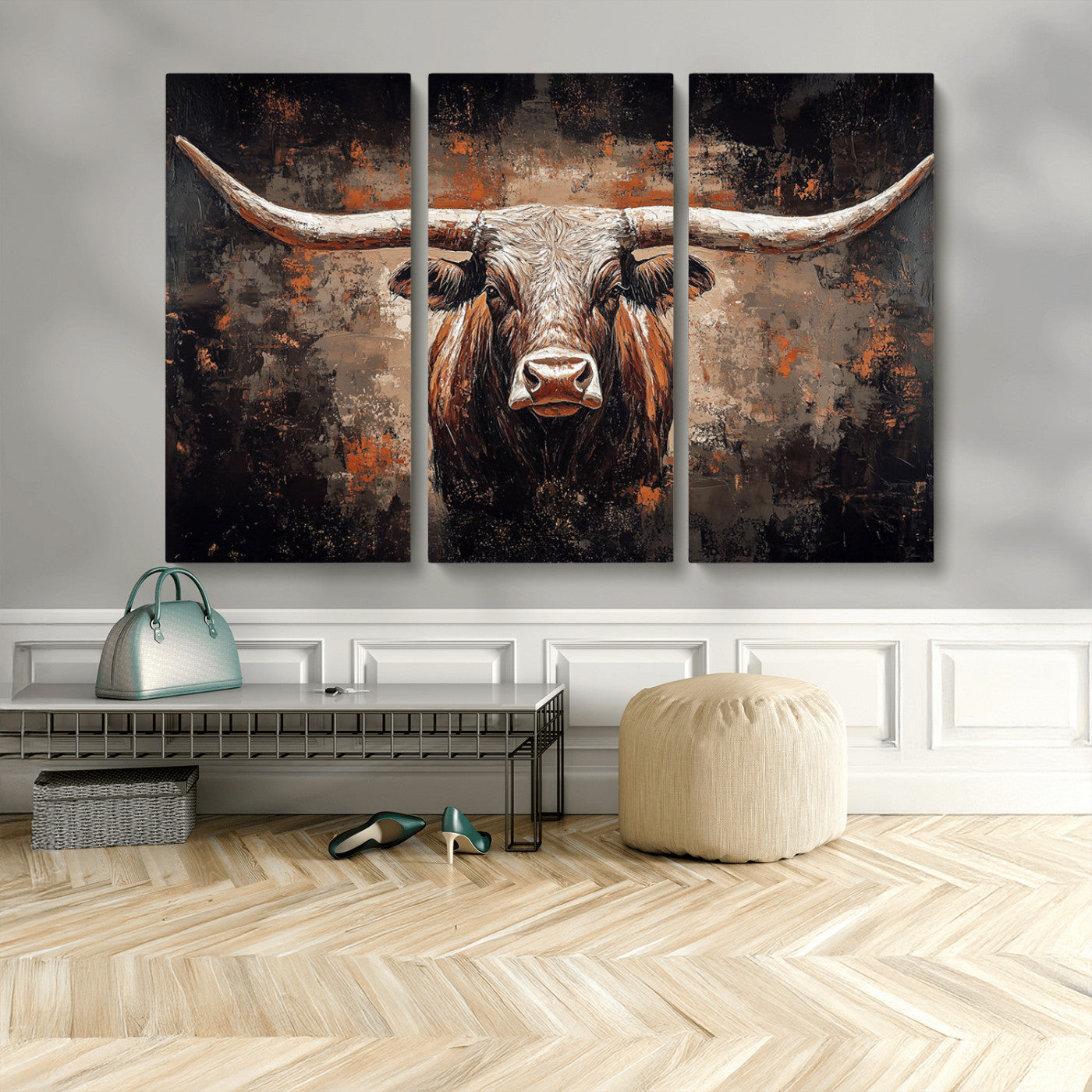 Rustic Longhorn Bull Wall Art Canvas Print – Vintage Western Cattle Painting, Texas Steer Artwork for Ranch, Farmhouse or Cowboy Decor