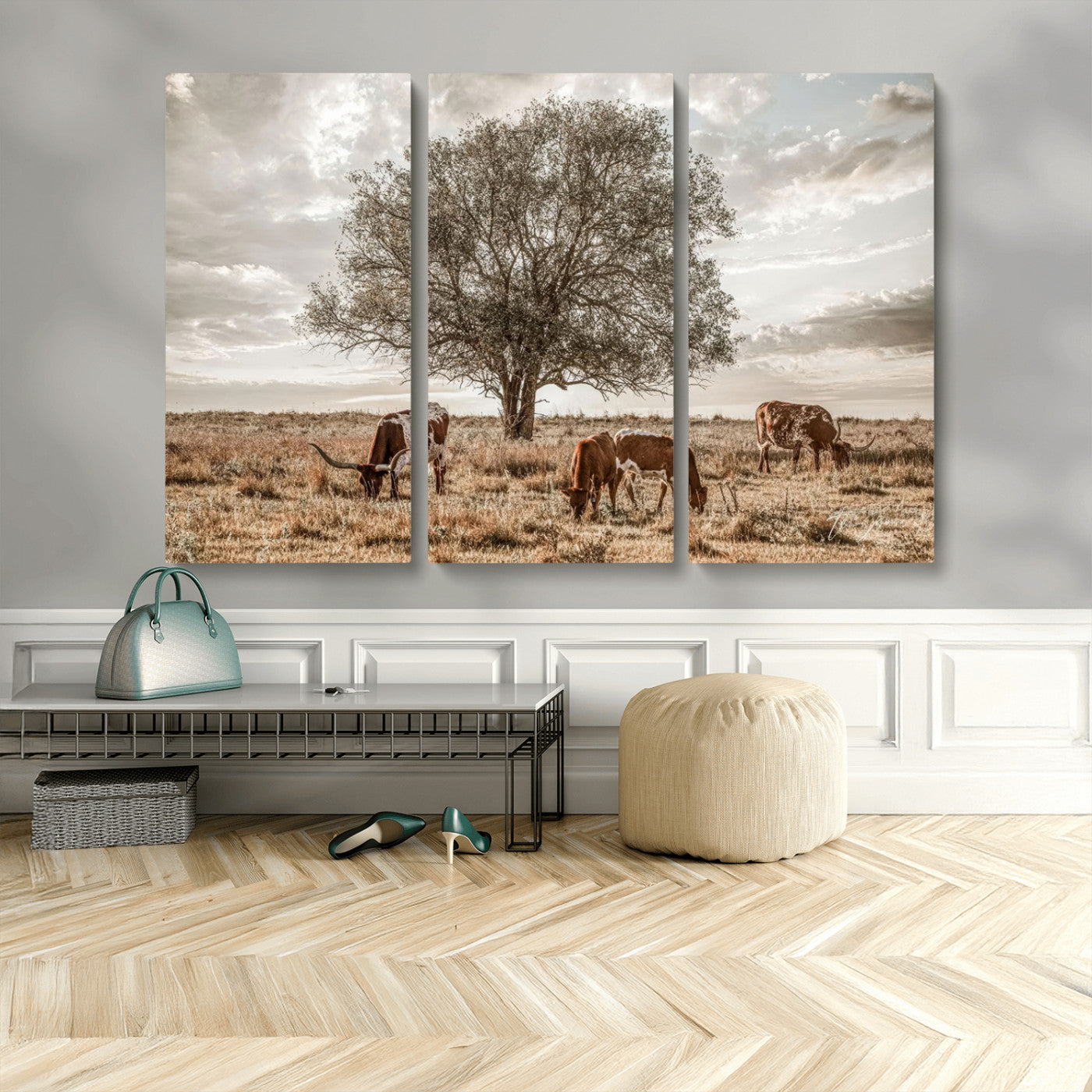 Texas Longhorn Cattle Wall Art Canvas Print – Rustic Western Ranch Scene with Steers at Sunset, Perfect for Farmhouse or Cowboy Decor