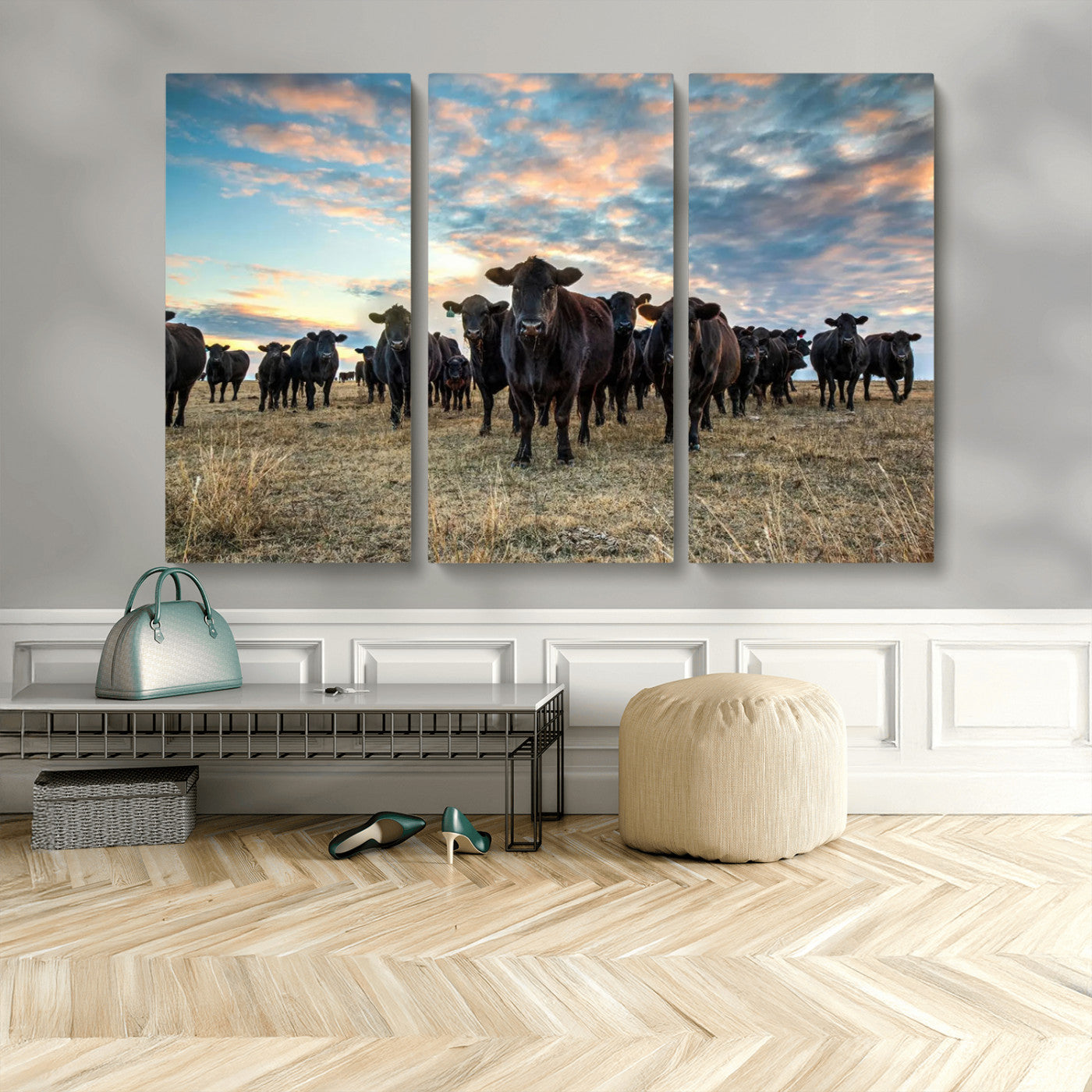 13867292-MGV-CV-36X24-Texas Longhorn Cattle Wall Art Canvas Print – Rustic Western Ranch Scene with Steers at Sunset, Perfect for Farmhouse or Cowboy Decor