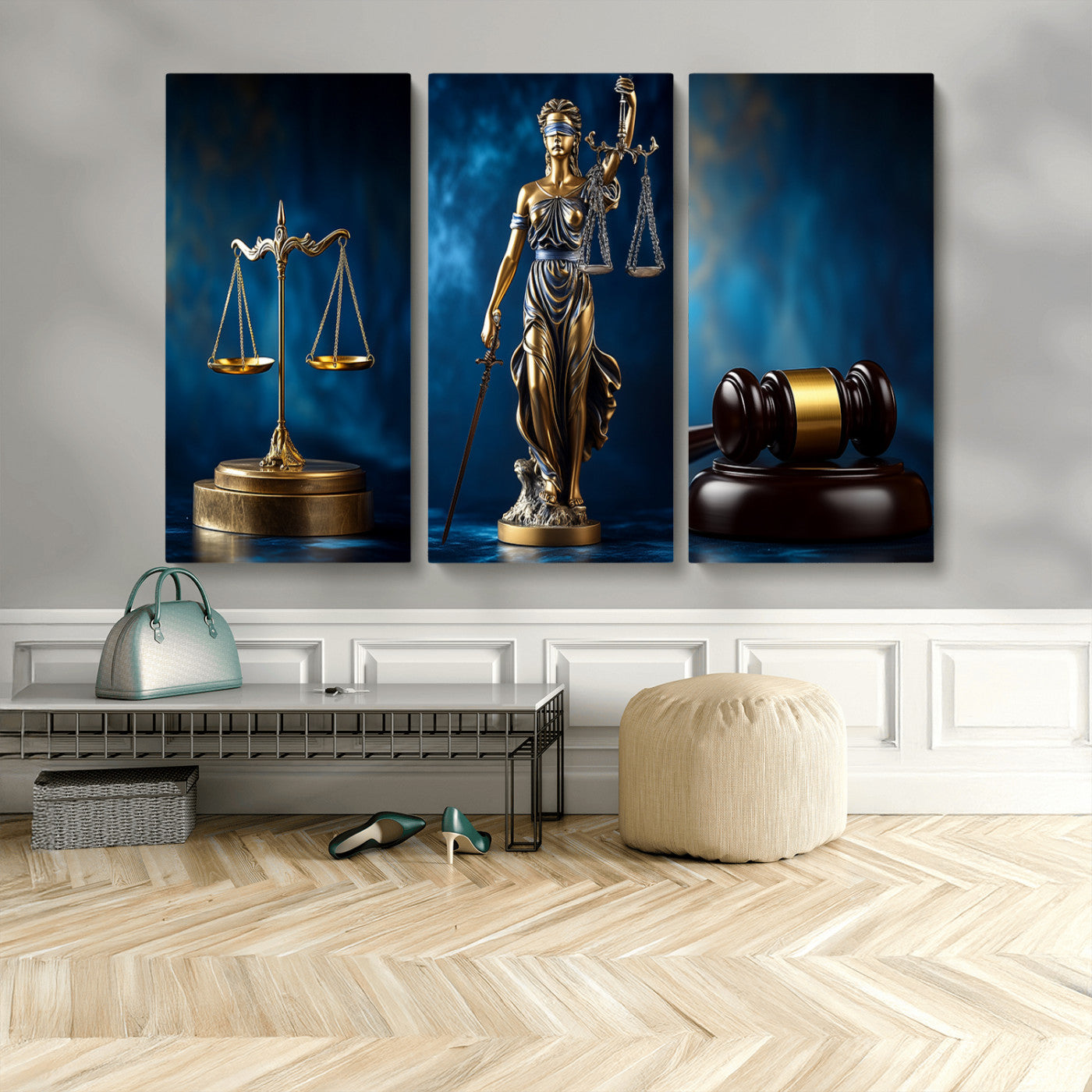 MGV-CV-48X32-3P - Lady Justice Wall Art Canvas Print – Elegant Gold Legal Symbols on Blue Background, Perfect for Law