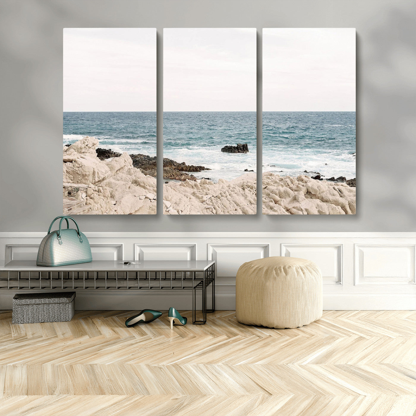 Coastal Ocean View Wall Art Canvas Print – Serene Rocky Shoreline and Blue Sea Photography for Coastal Chic or Minimalist Home Decor