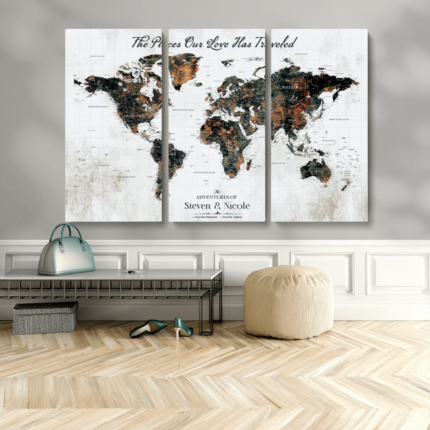 89231588-MGV-CV-36X24-World Travel Map with Pins – Framed Canvas Print to Track Adventures and Create a Visual Travel Journal, Ideal Wall Art for Home - H17