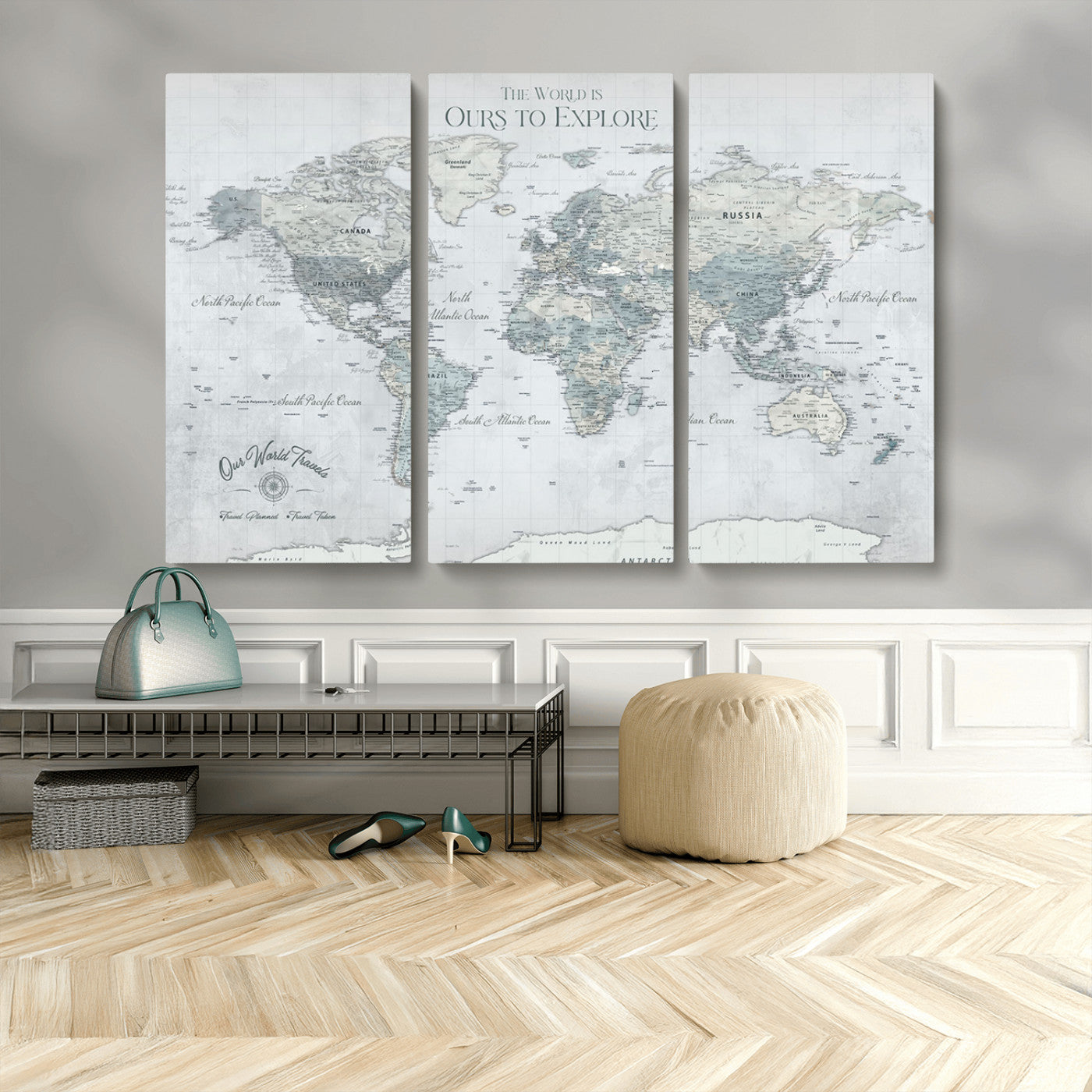 73654056-MGV-CV-48X32-3P - Personalized Push Pin World Map Canvas Print – Custom Framed Travel Tracker Artwork for Couples or Home Decor