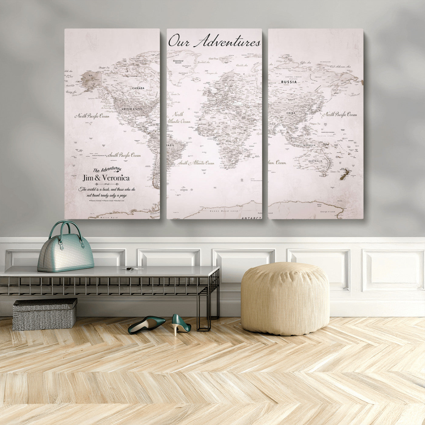 Customize Push Pin World Map Wall Canvas Print – Personalized Travel Map with Foam Pins – Framed Custom Quotie Canvas for Home Office Decor