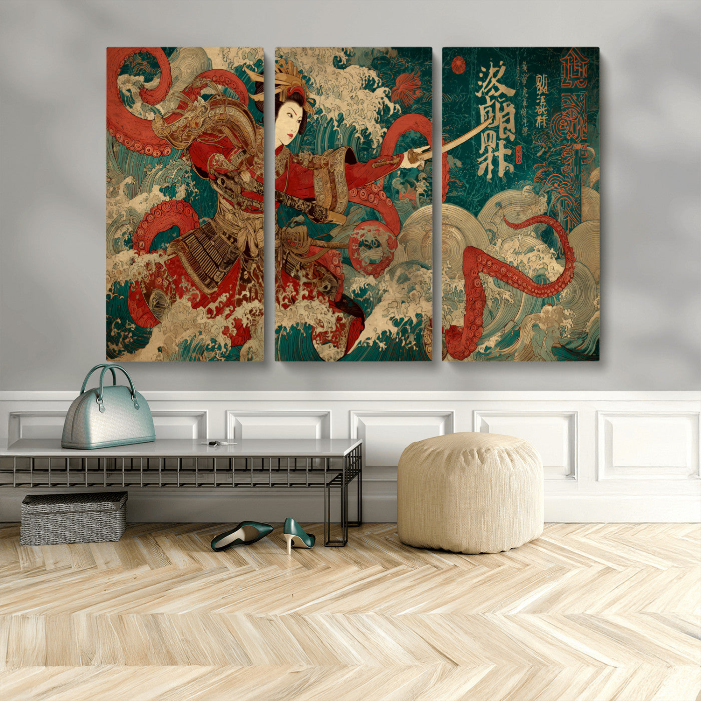 MGV-CV-48X32-3P - Tsukioka Yoshitoshi Samurai Wall Art Print, Japanese Katana Warrior Canvas Wall Art, Octopus Sea Monster Canvas Print,