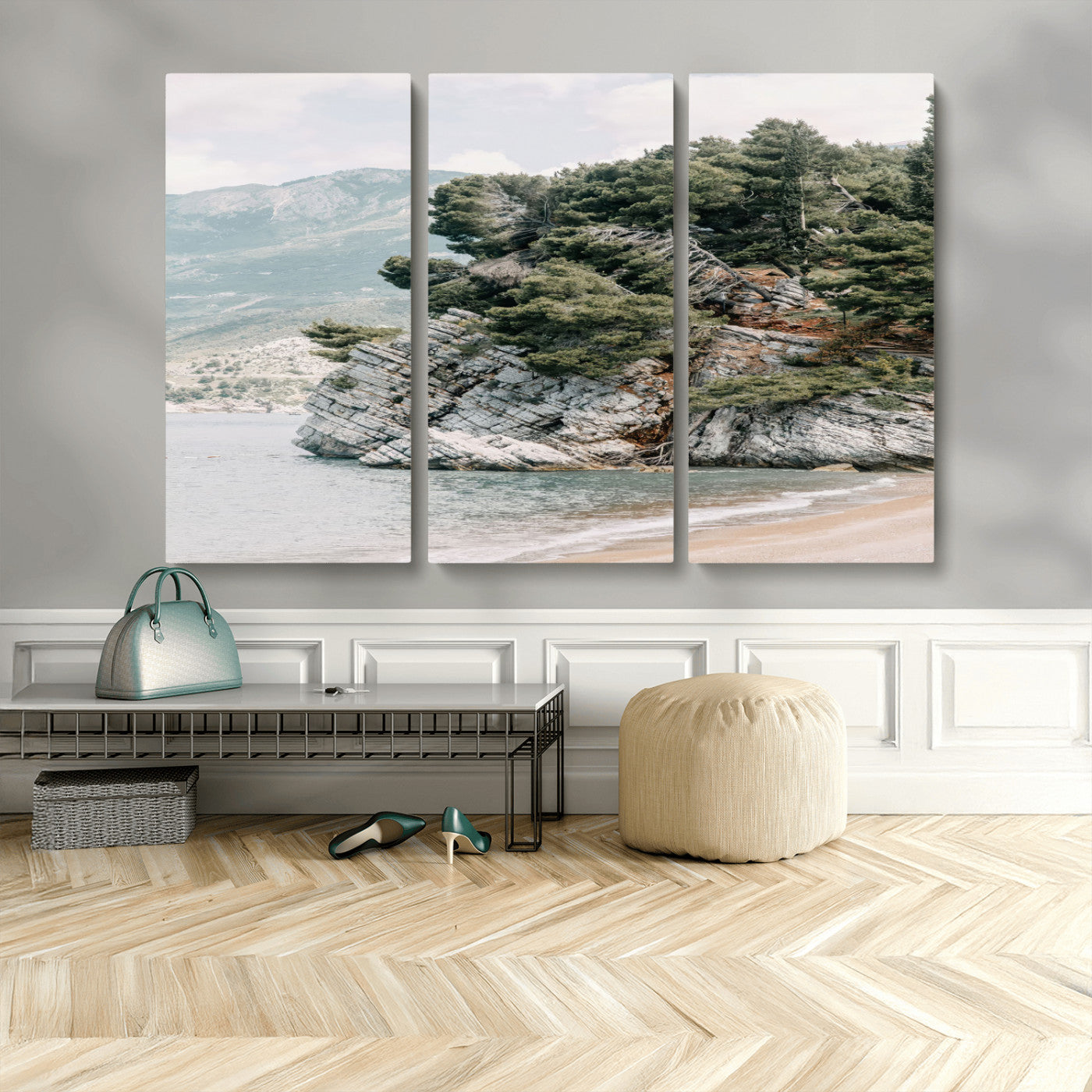 MGV-CV-48X32-3P - Coastal Rock Canvas Wall Art Print, Scenic Beach Landscape, Pine Trees on Rocky Cliff, Large Nature