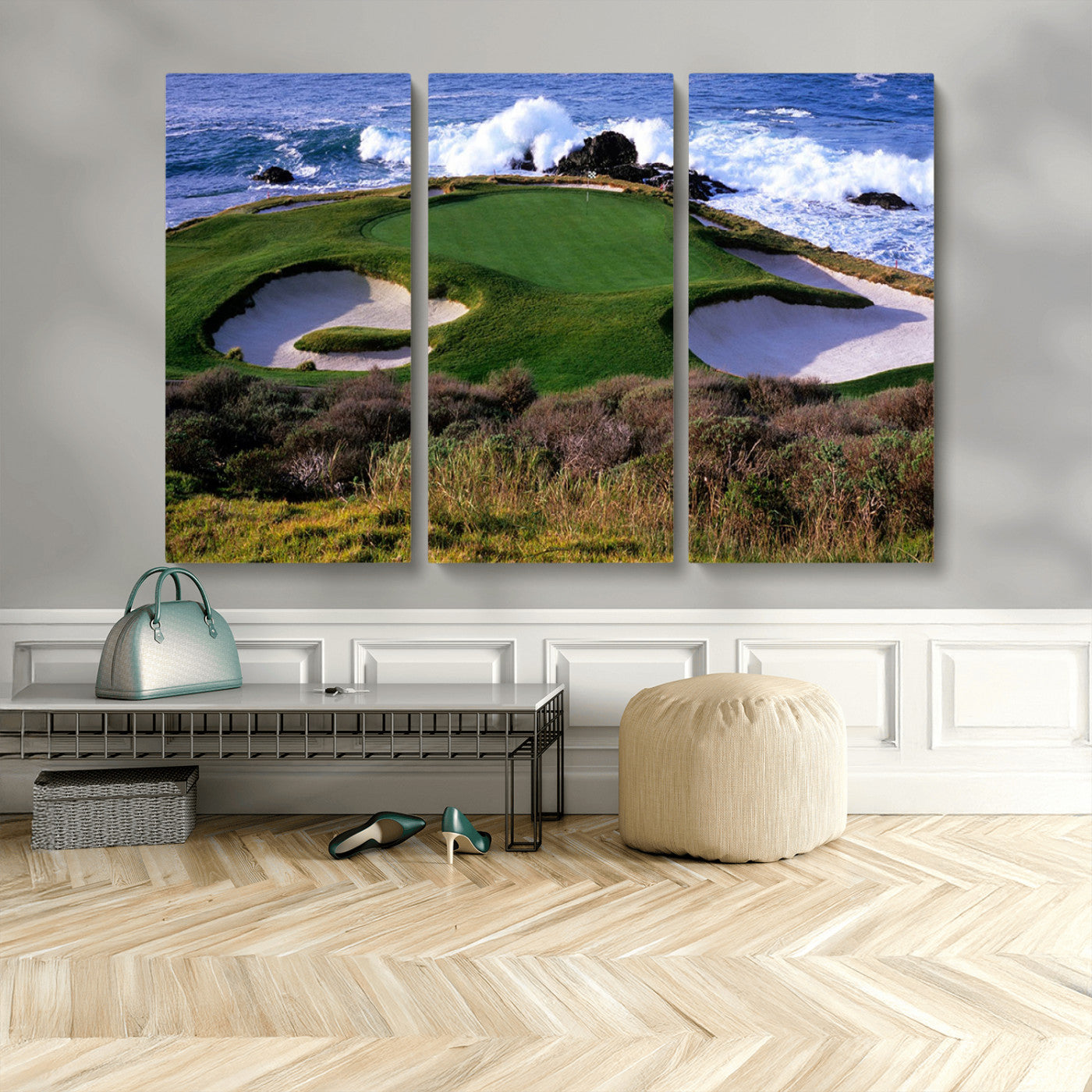 22776914-MGV-CV-48X32-3P-Ocean Cliff Golf Green Canvas Print – Framed Majestic Coastal Scene with Lush Green Artwork for Home, Office