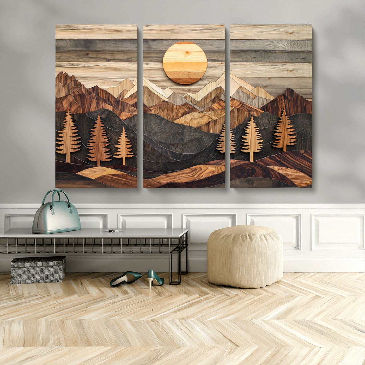 19832326-MGV-CV-48X32-3P - Wooden Mountain Landscape Layered Texture Geometric Shapes Sun Pine Trees Rustic Natural Tones Art