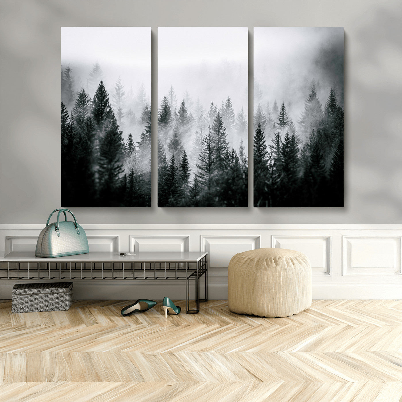 MGV-CV-48X32-3P - Foggy Pine Forest Canvas Wall Art – Black and White Nature Landscape Print, Horizontal Canvas for