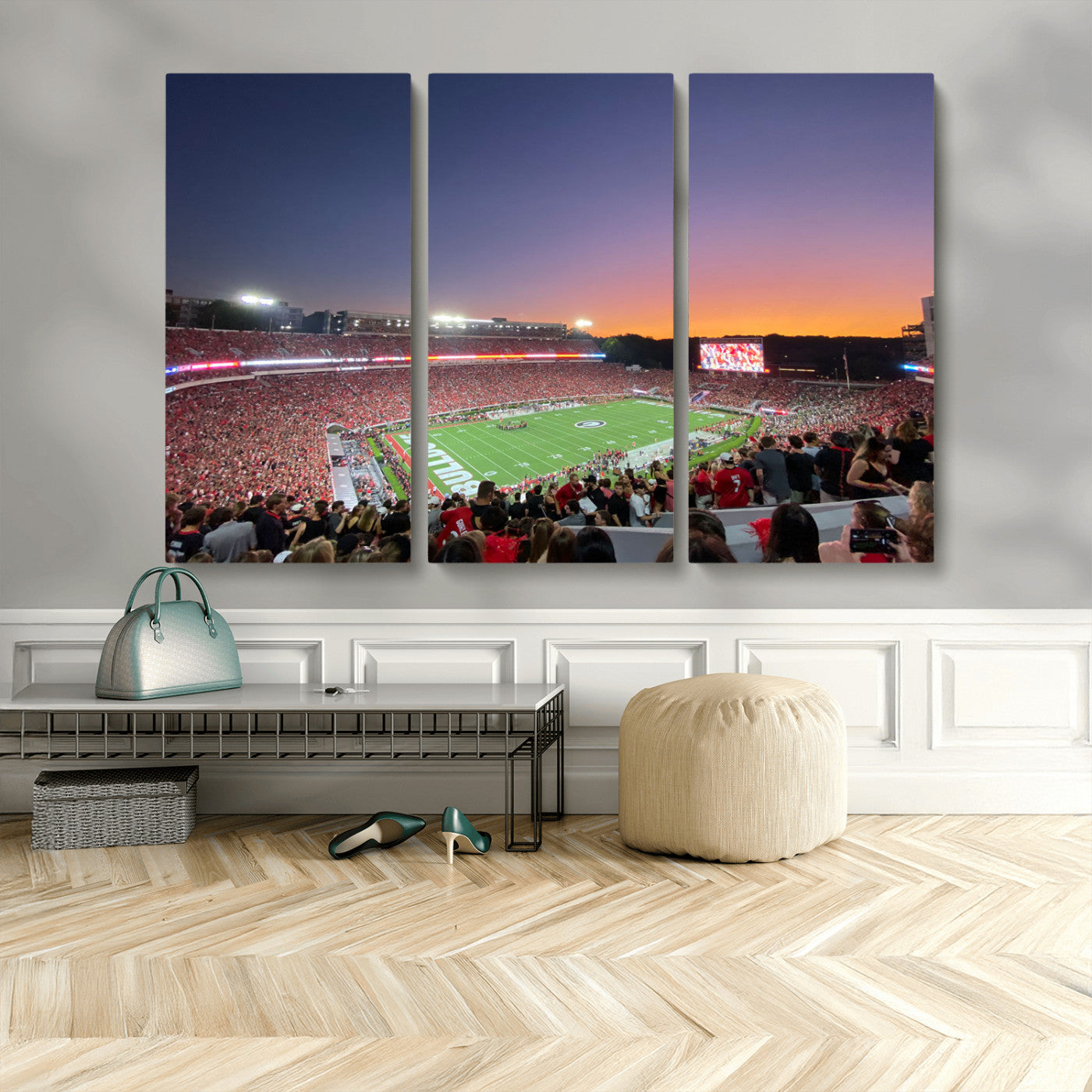 25139565-MGV-CV-48X32-3P-Dooley Stadium Wall Art Print, Sports Arena Canvas Wall Art, Dooley Field at Sanford Stadium Canvas Print, Modern Athletic Field Art Printing