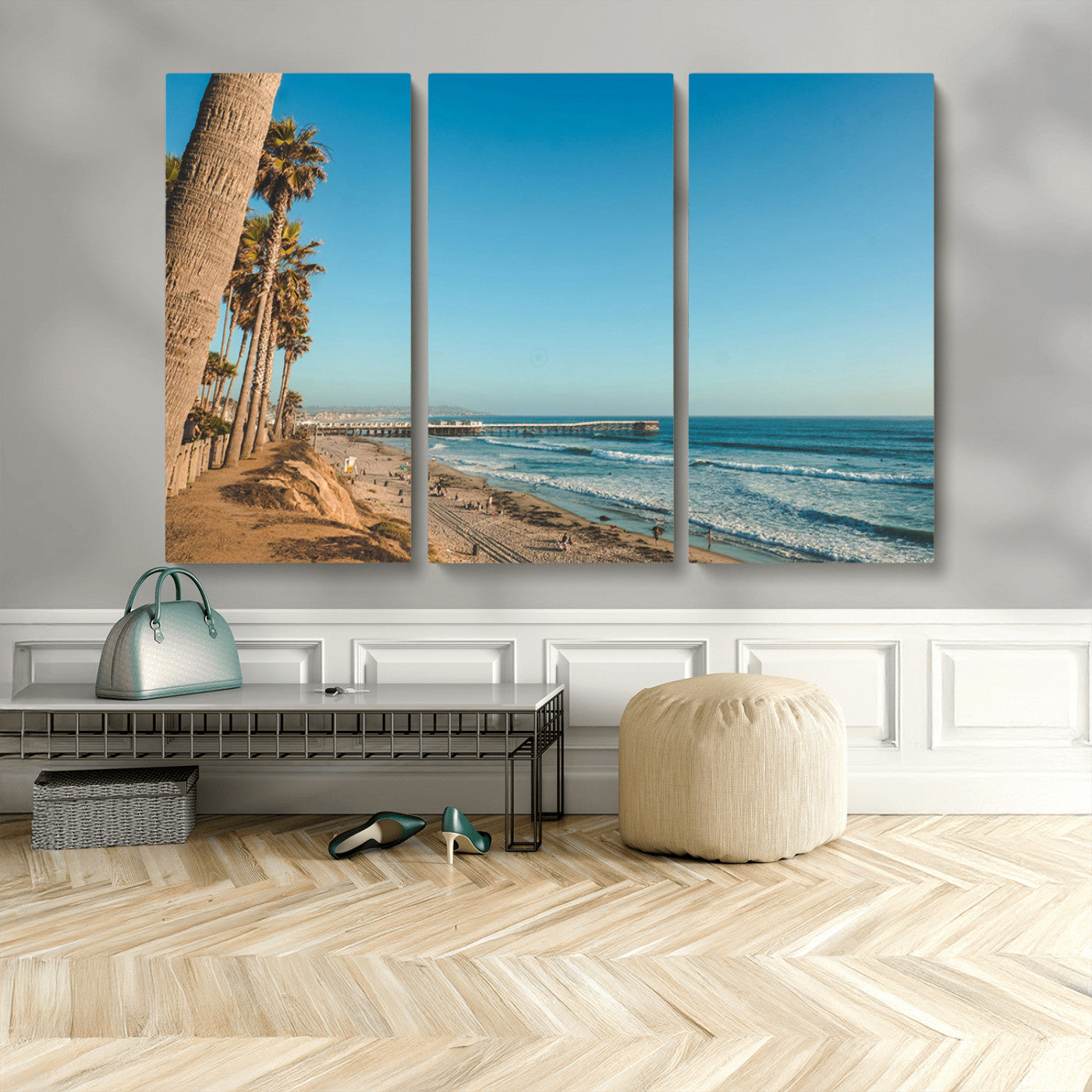MGV-CV-48X32-3P - Scenic Beach with Tall Palm Trees, Sandy Shore, and Long Pier Stretching into the Calm Ocean Under