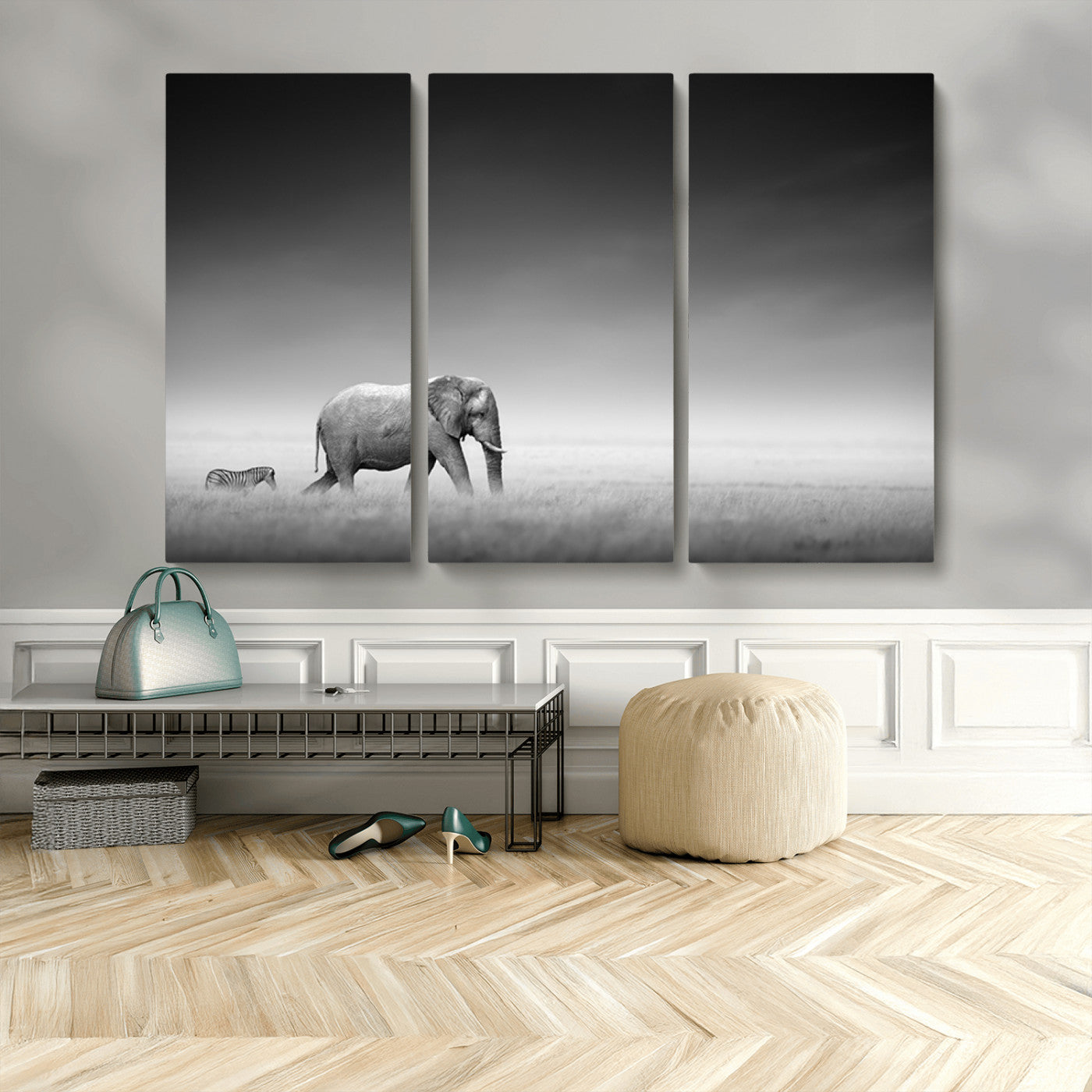 MGV-CV-48X32-3P - Elephand and Zebra Wall Art Canvas Print, Modern Artwork