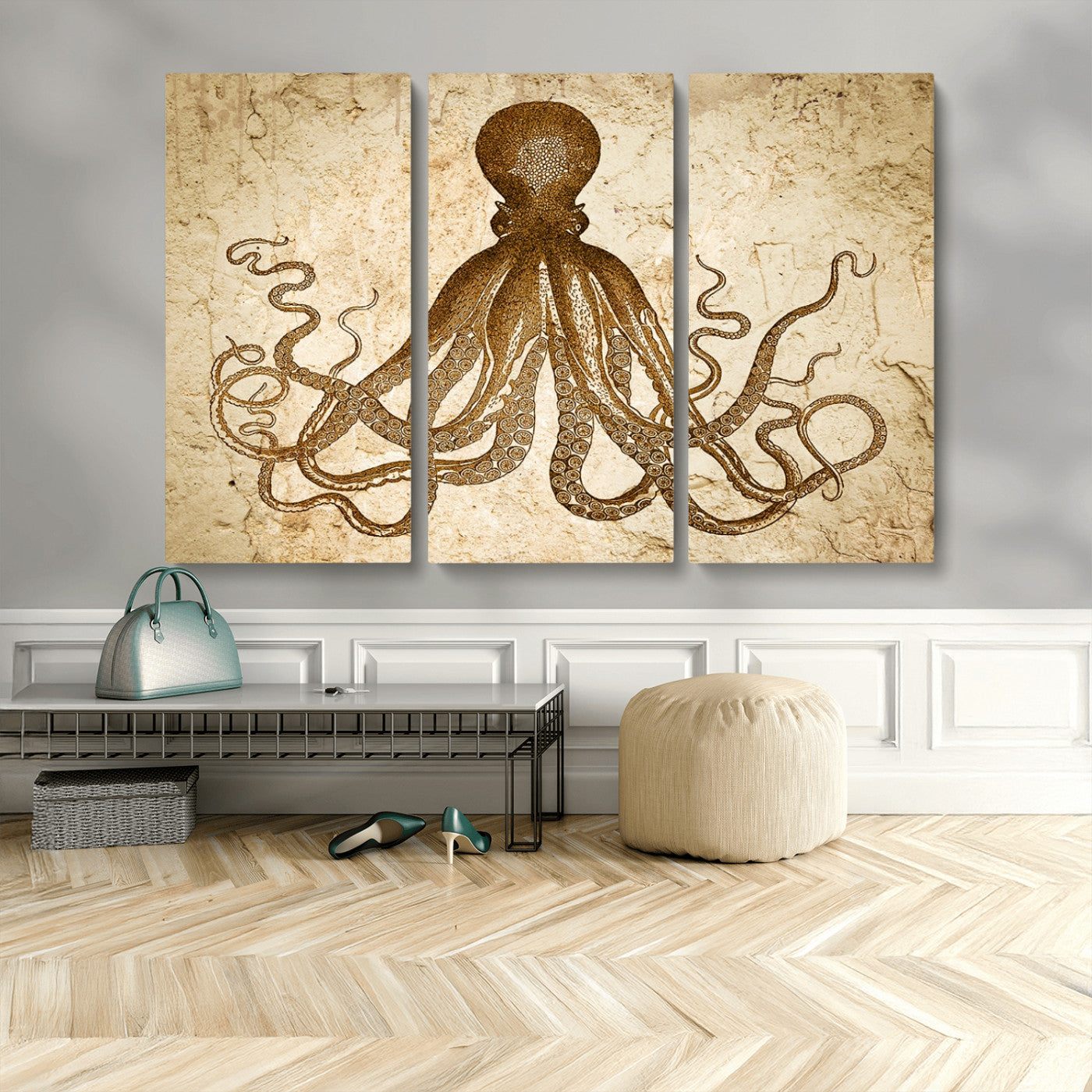 MGV-CV-48X32-3P - Sepia Octopus Wall Art Abstract Animal Canvas Print