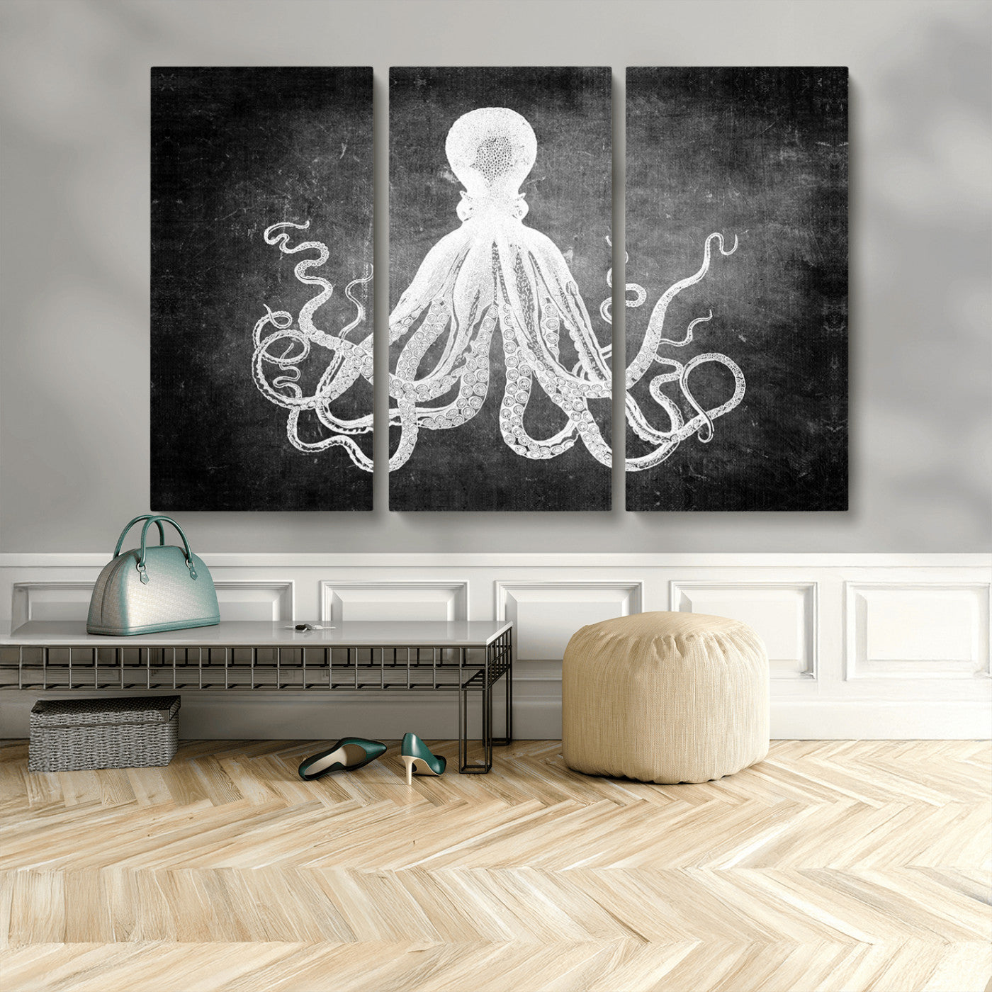 MGV-CV-48X32-3P - Black White Octopus Wall Art Canvas Print